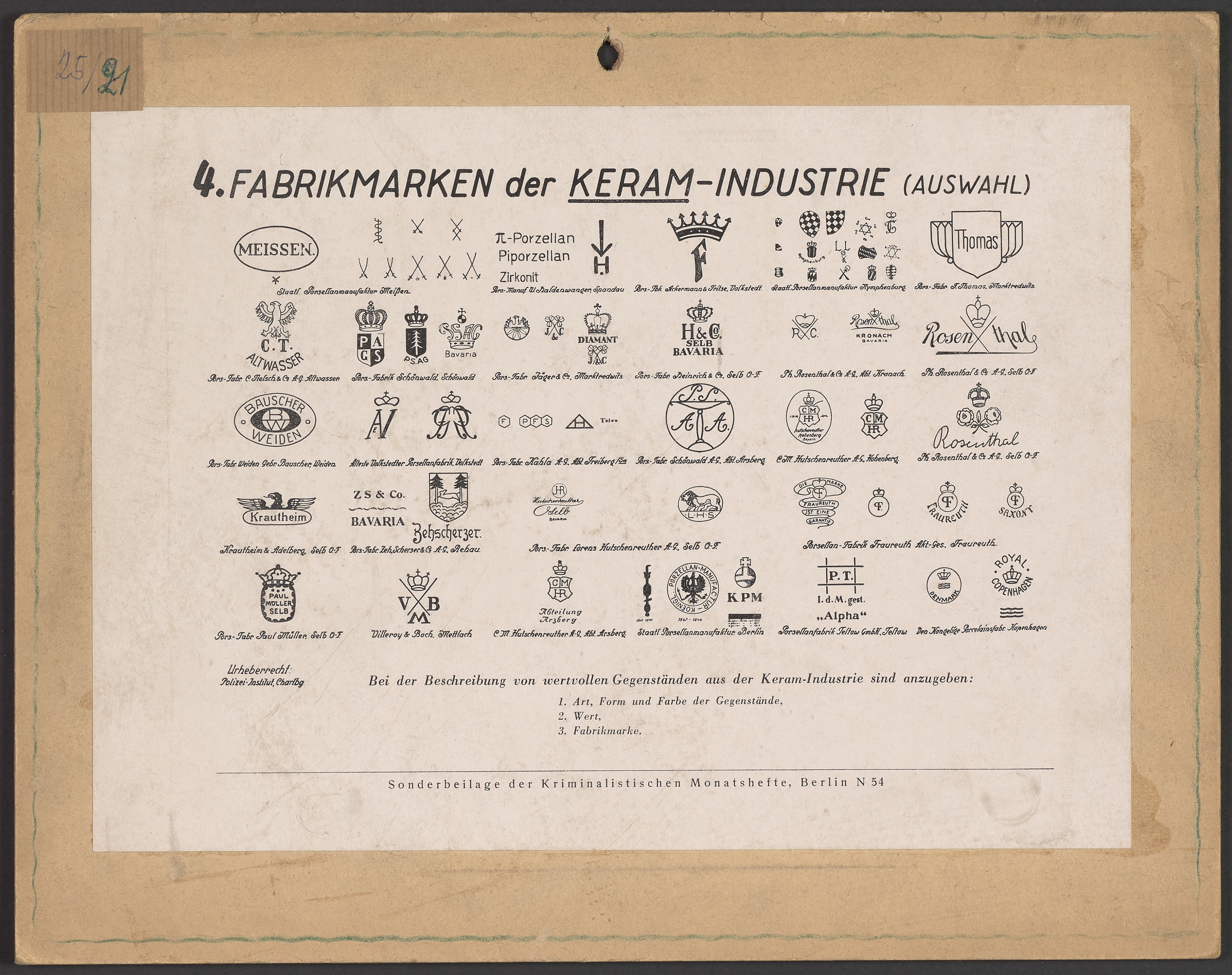 Lehrtafel "Auswahl-Fabrikmarken der Keram-Industrie" (Polizeidirektion Dresden RR-F)