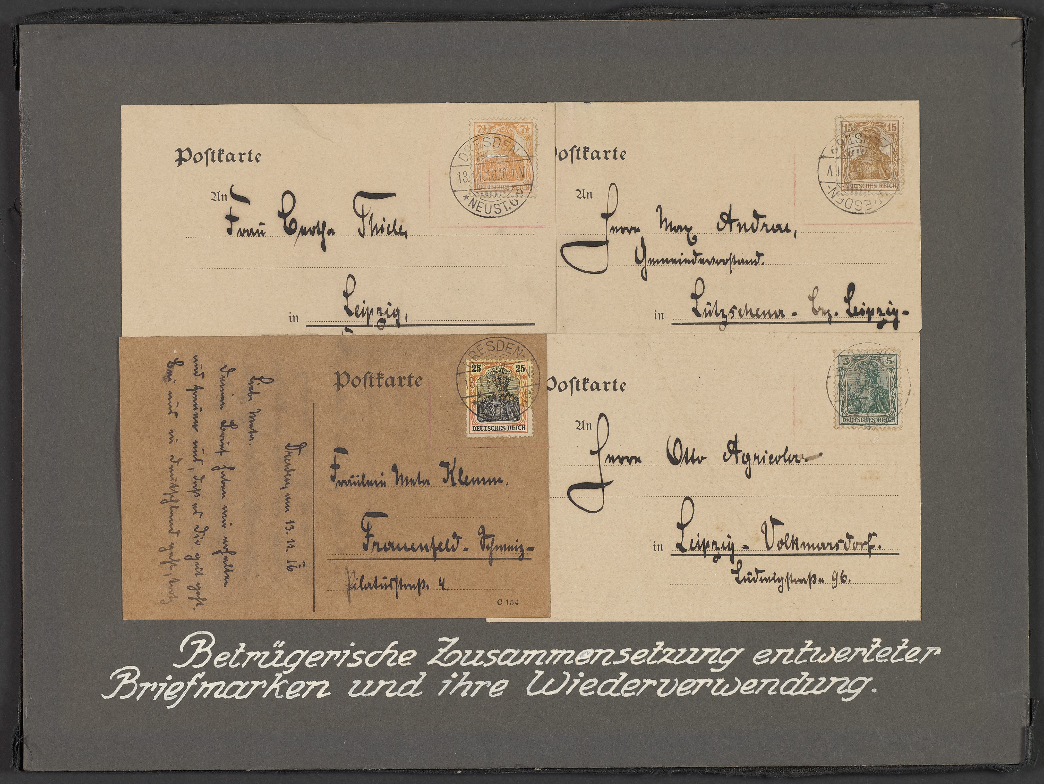 Lehrtafel "Betrügerische Zusammensetzung entwendeter Briefmarken und ihre Wiederverwendung" (Polizeidirektion Dresden RR-F)