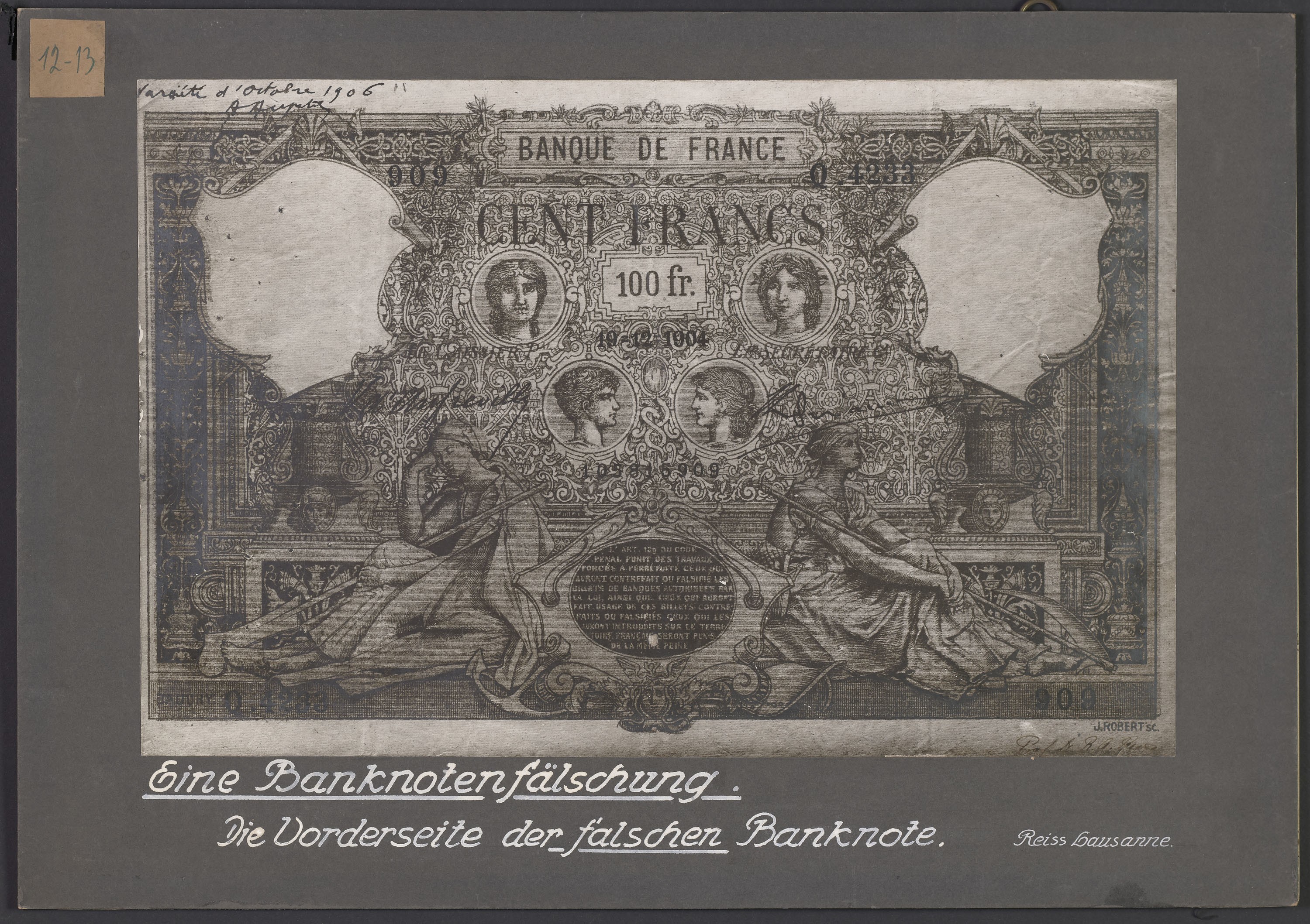 Lehrtafel "Eine Banknotenfälschung. Die Vorderseite der falschen Banknote." (Pollizeidirektion Dresden RR-F)