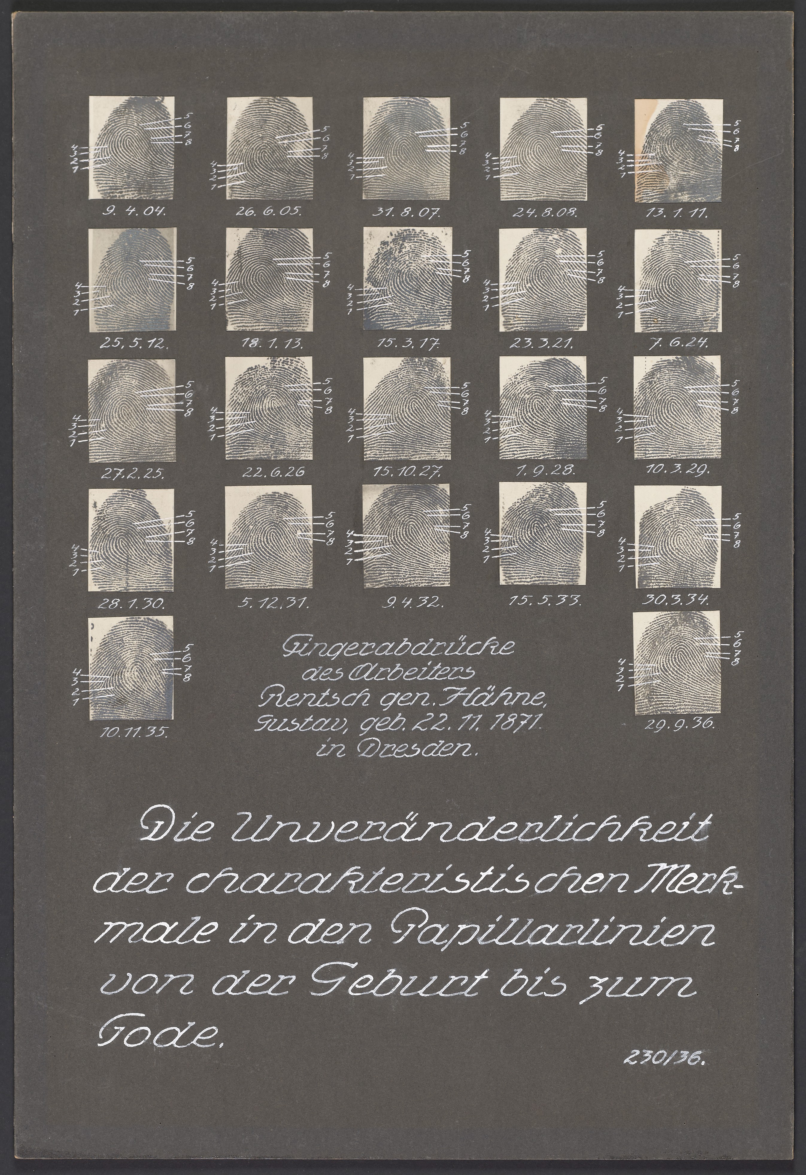 Lehrtafel "Fingerabdrücke des Arbeiters Rentsch" (Polizeidirektion Dresden RR-F)