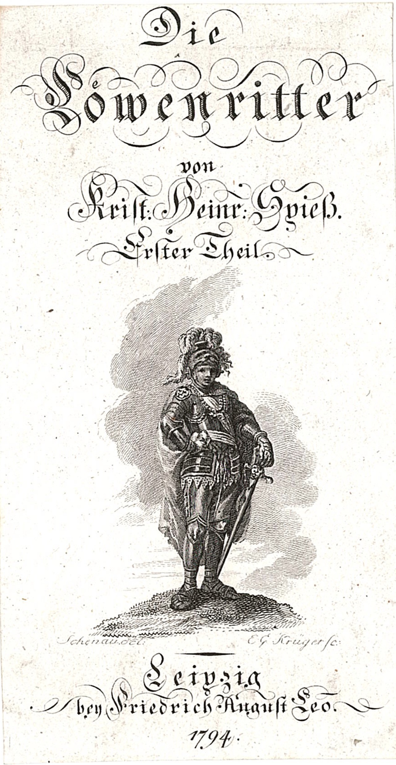 Stehender Ritter mit gesenktem Schwert und pfauenfedergeschmücktem Helm (Deutsches Damast- und Frottiermuseum CC BY-NC-ND)