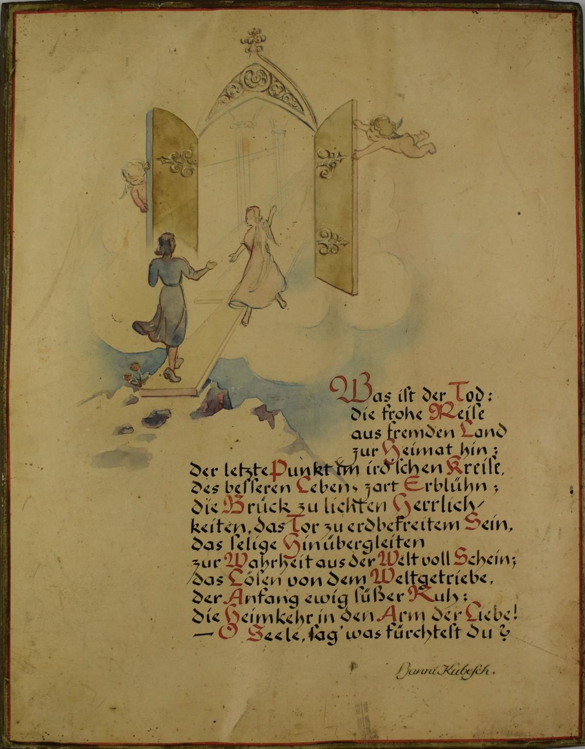 Federzeichnung mit Spruch (Deutsches Damast- und Frottiermuseum CC BY-NC-ND)