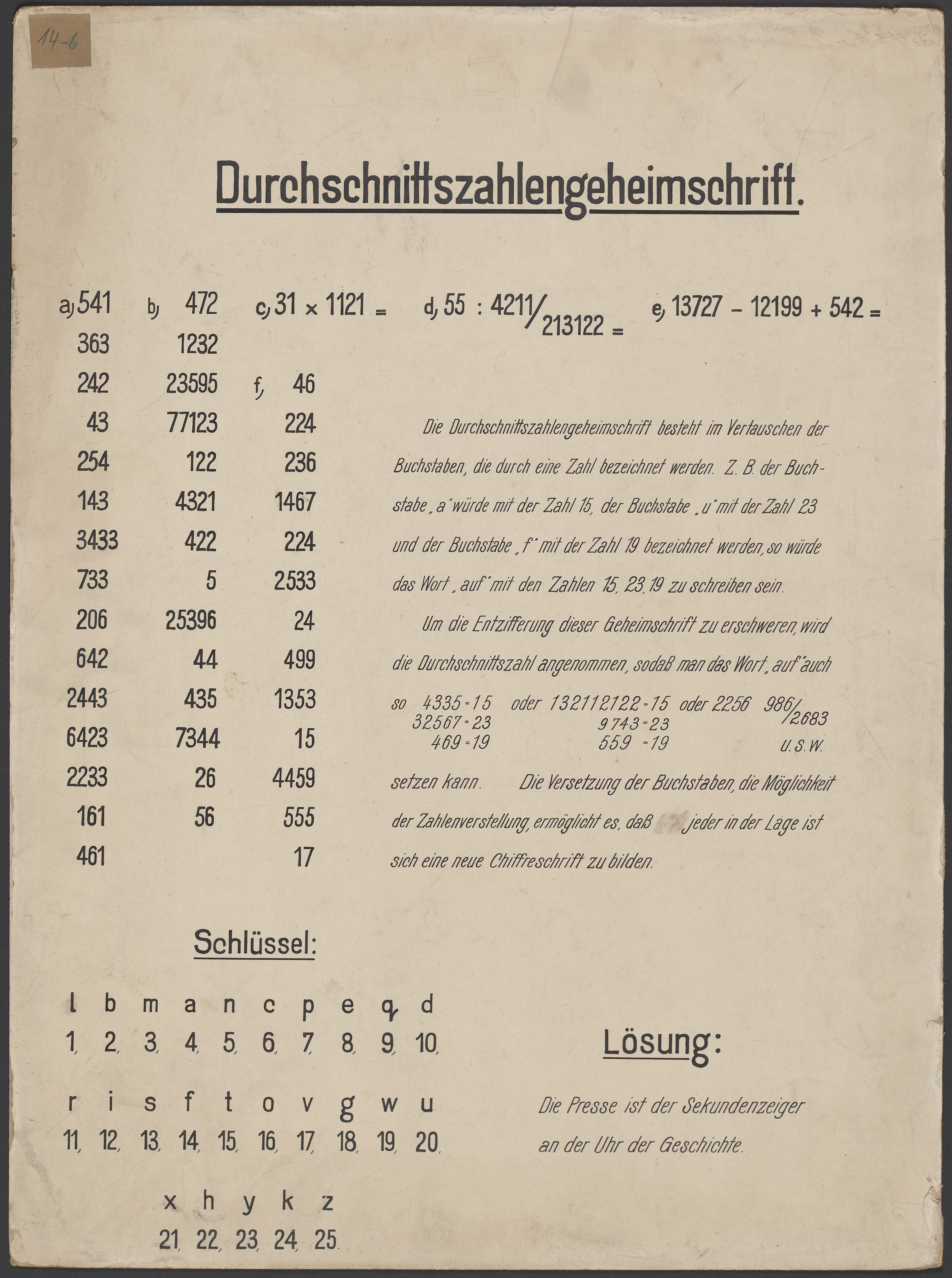 Lehrtafel "Durchschnittszahlengeheimschrift" (Polizeidirektion Dresden RR-F)