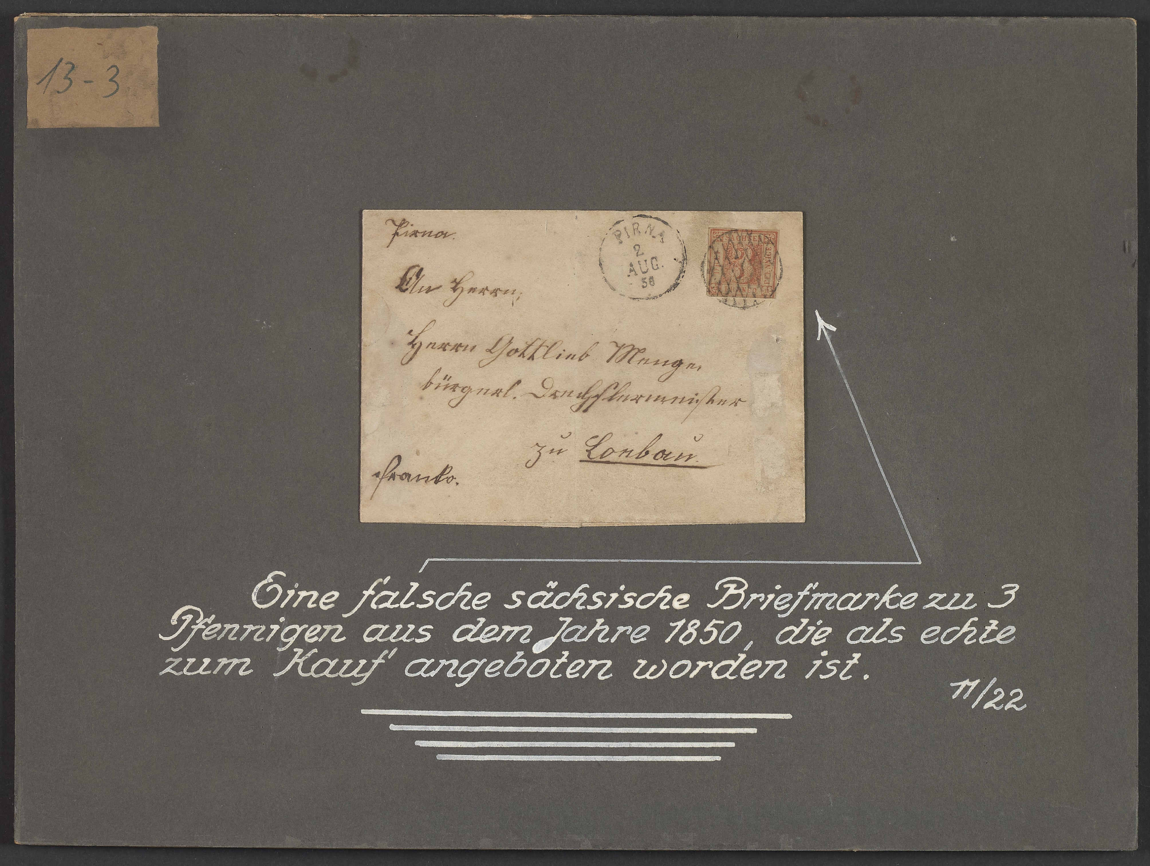 Lehrtafel "Eine falsche Sächsische Briefmarke zu drei Pfennigen" (Polizeidirektion Dresden RR-F)