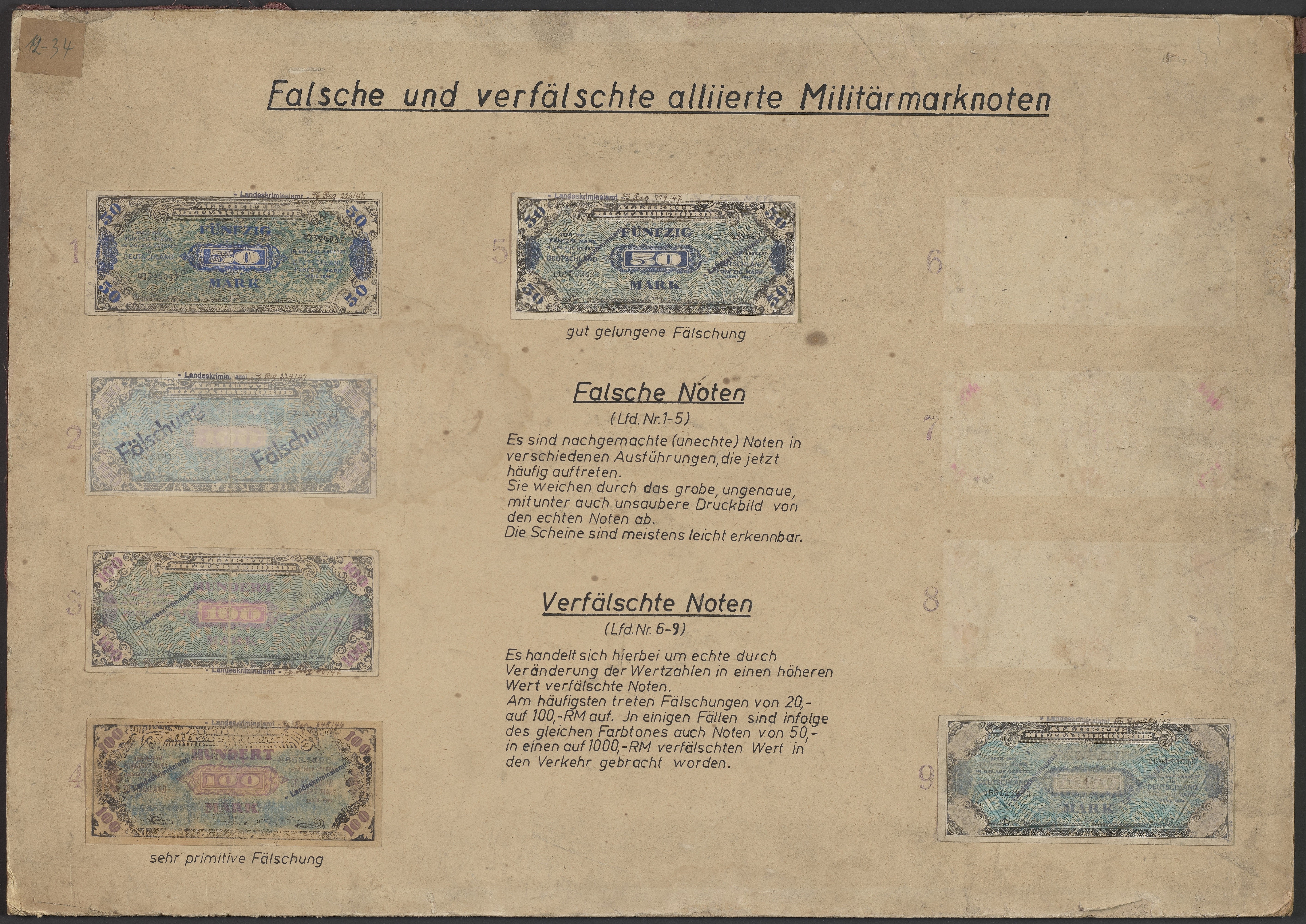 Lehrtafel "Falsche und verfälschte alliierte Militärmarken" (Polizeidirektion Dresden RR-F)