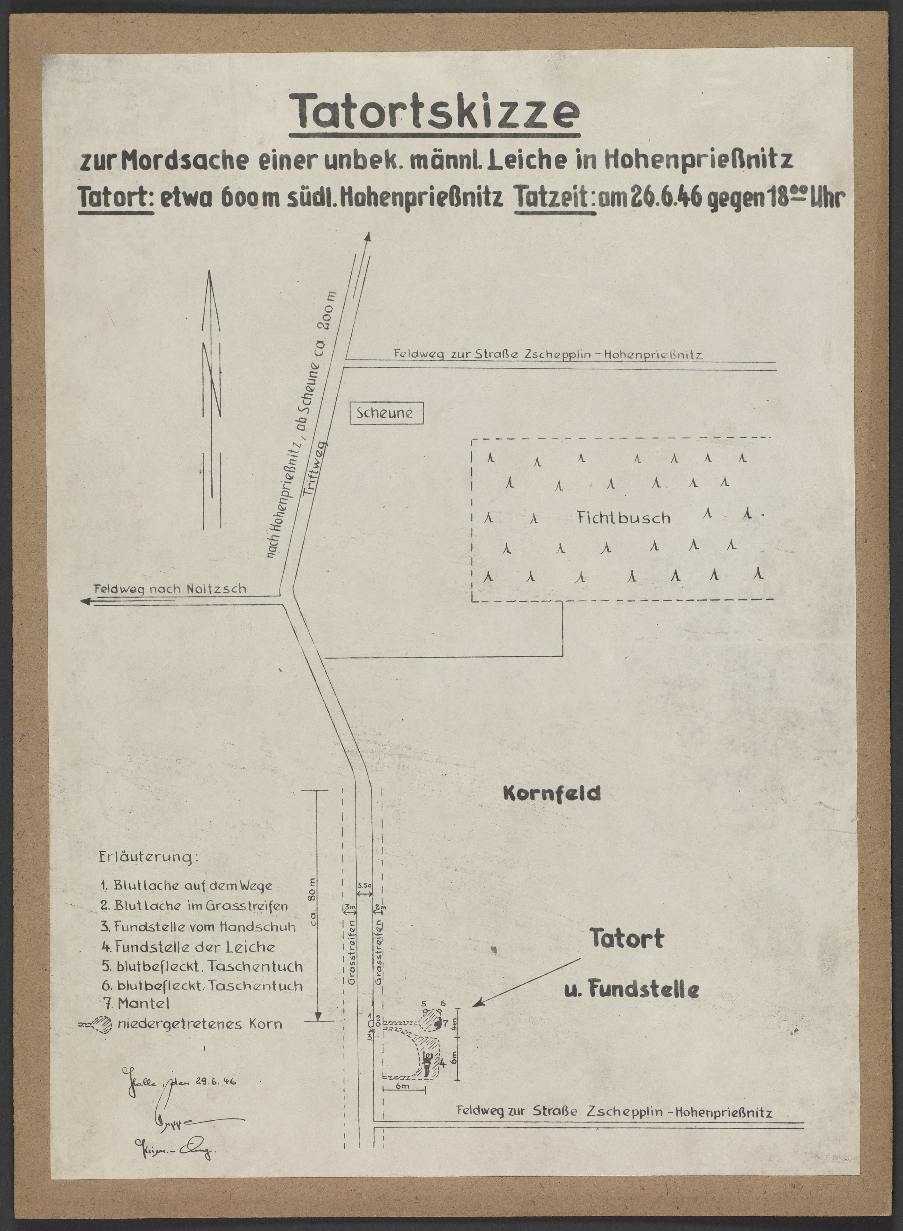 Lehrtafel "Tatortskizze Mordfall - Hohenprießnitz 1946" (Polizeidirektion Dresden RR-F)