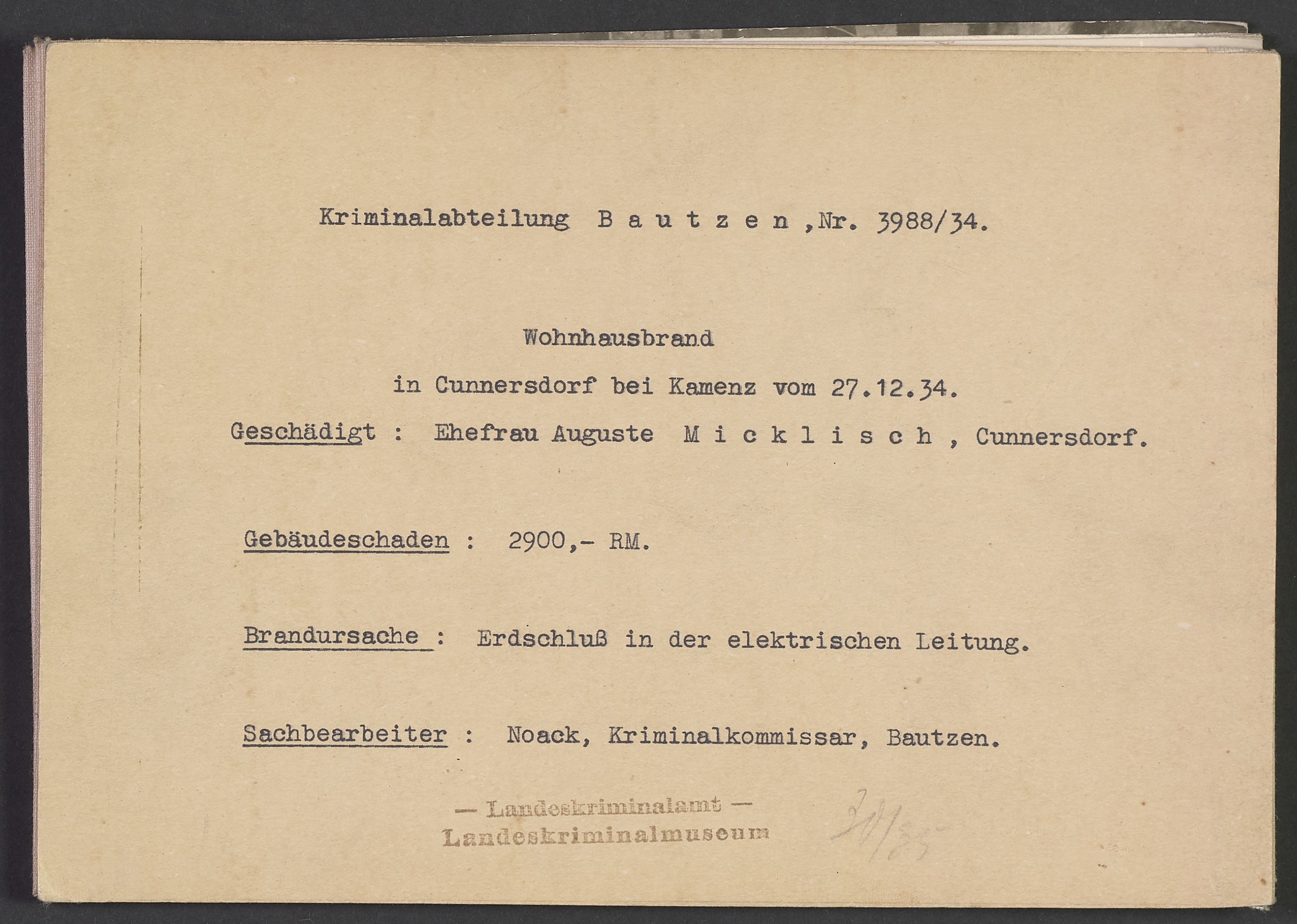 Bildanlagekarte "Wohnhausbrand Cunnersdorf 1934" (Polizeidirektion Dresden RR-F)