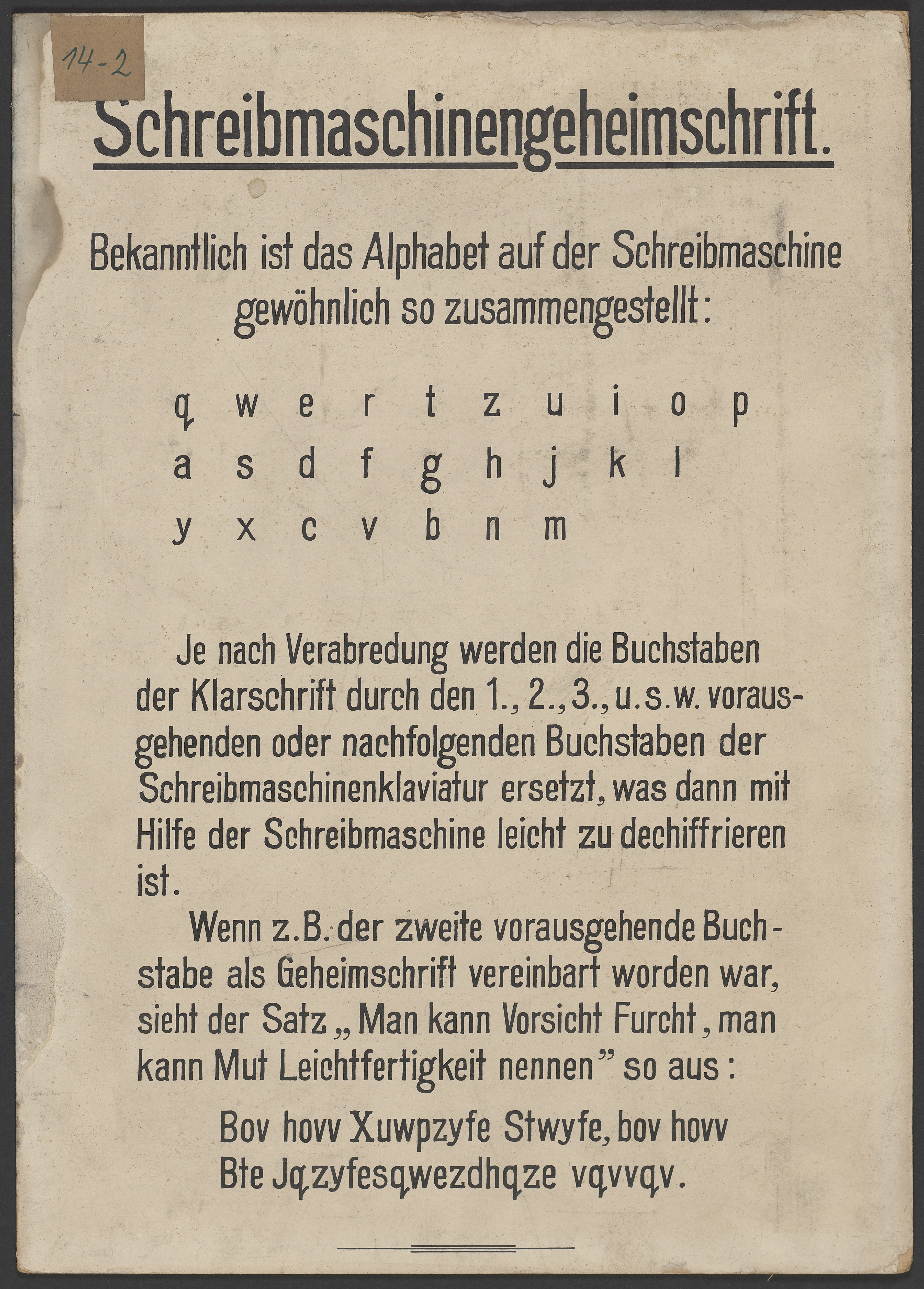 Lehrtafel "Schreibmaschinengeheimschrift" (Polizeidirektion Dresden RR-F)