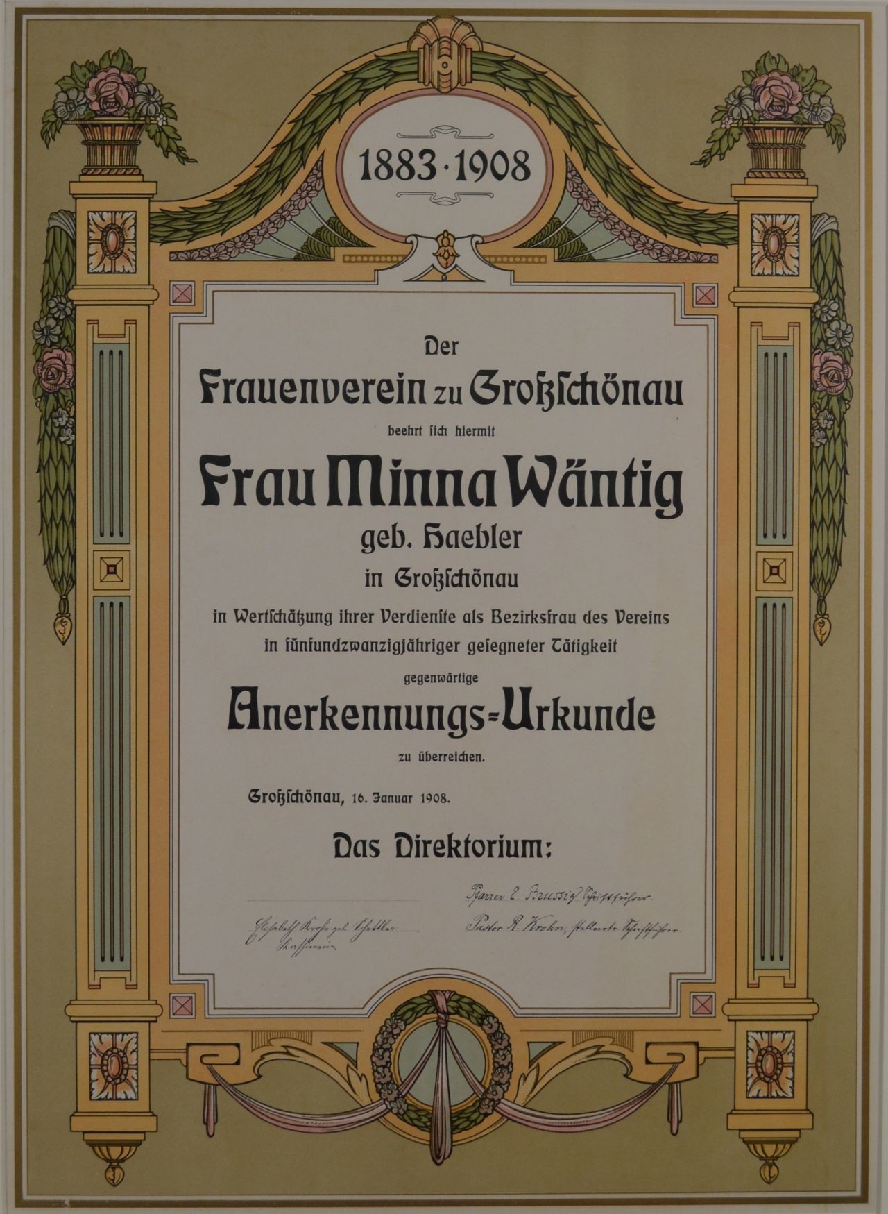 Anerkennungsurkunde für Frau Minna Wäntig vom Großschönauer Frauenverein (Deutsches Damast- und Frottiermuseum CC BY-NC)