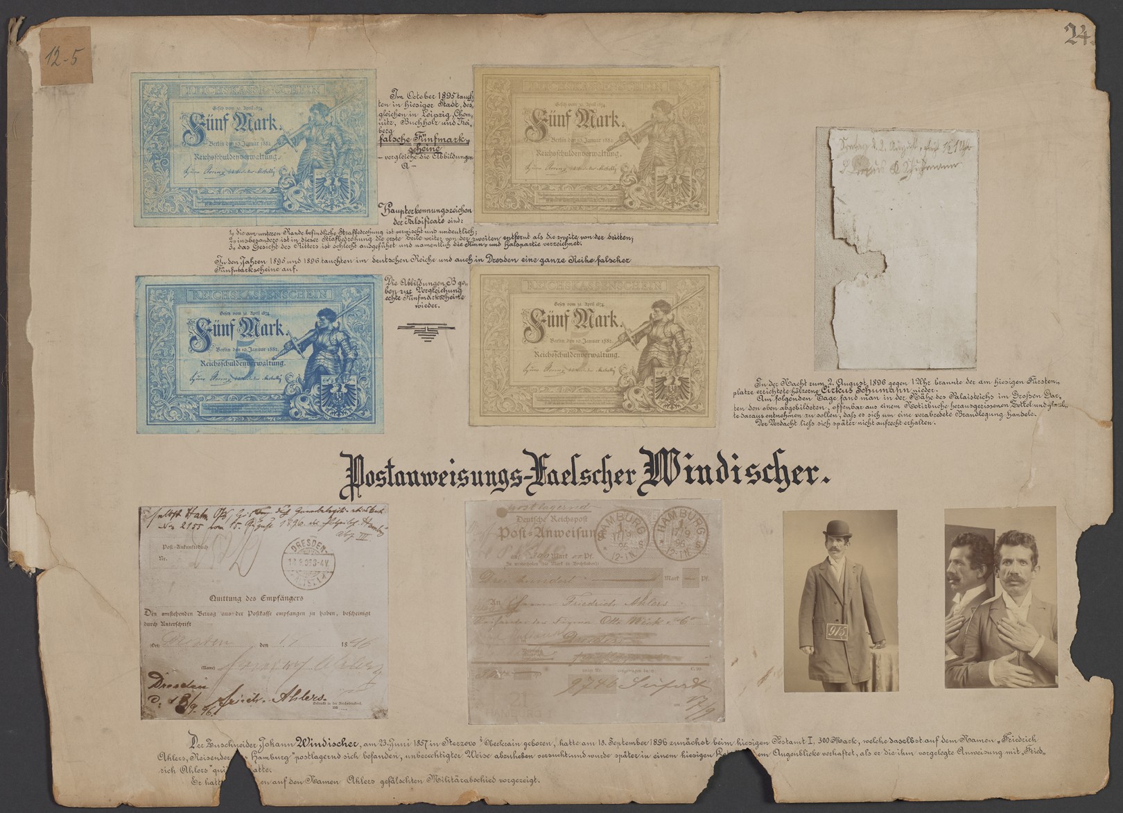 Lehrtafel "Postanweisungs-Fälscher Windischer" mit Rückseite "Fälschungen von Reichspostmarken" (Polizeidirektion Dresden RR-F)
