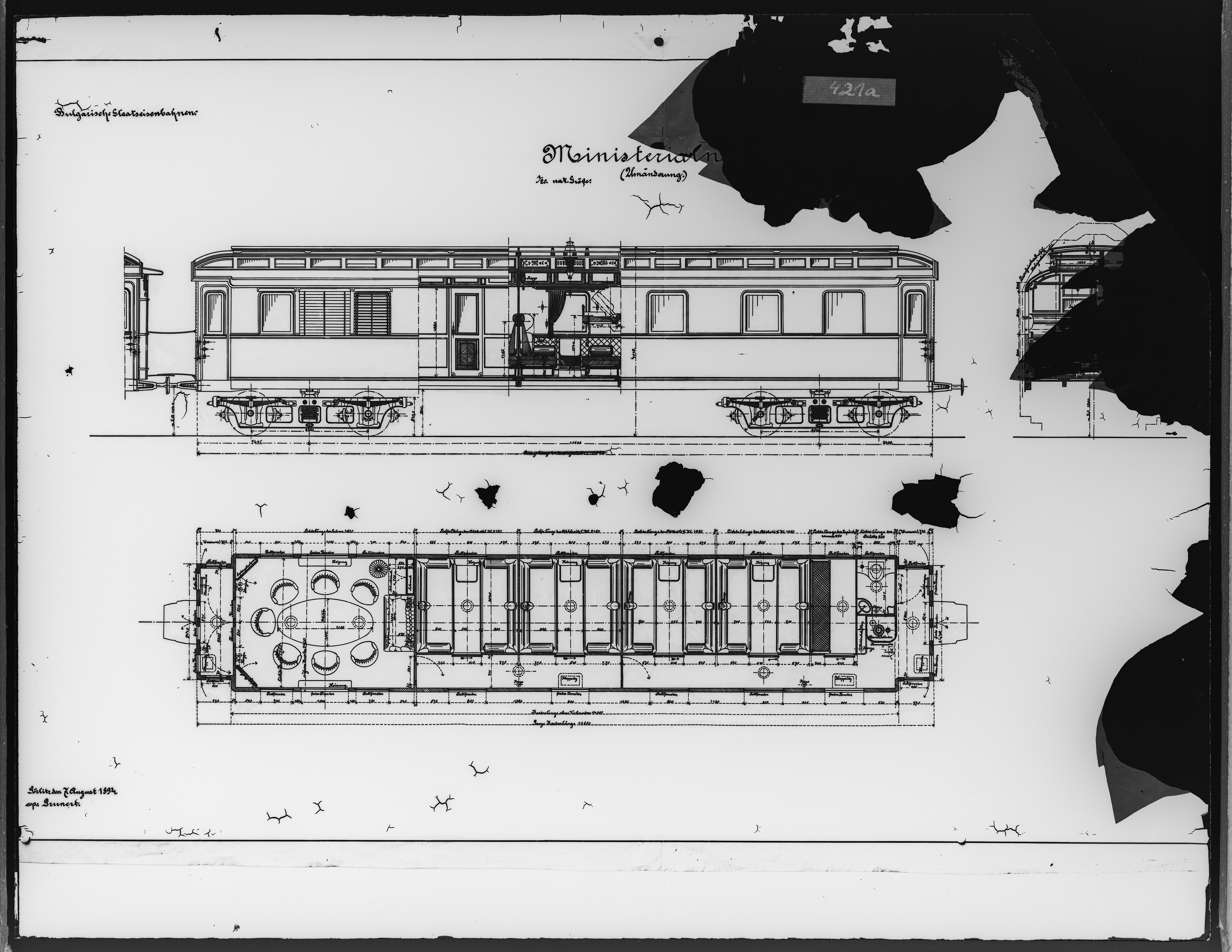 Fotografie: vierachsiger Salonwagen (Projektbild), 1895 (Schenkung der Bombardier Transportation, Werk Görlitz | Eigentum/Sammlung der Verkehrsmuseums Dresden gGmbH CC BY-NC-SA)