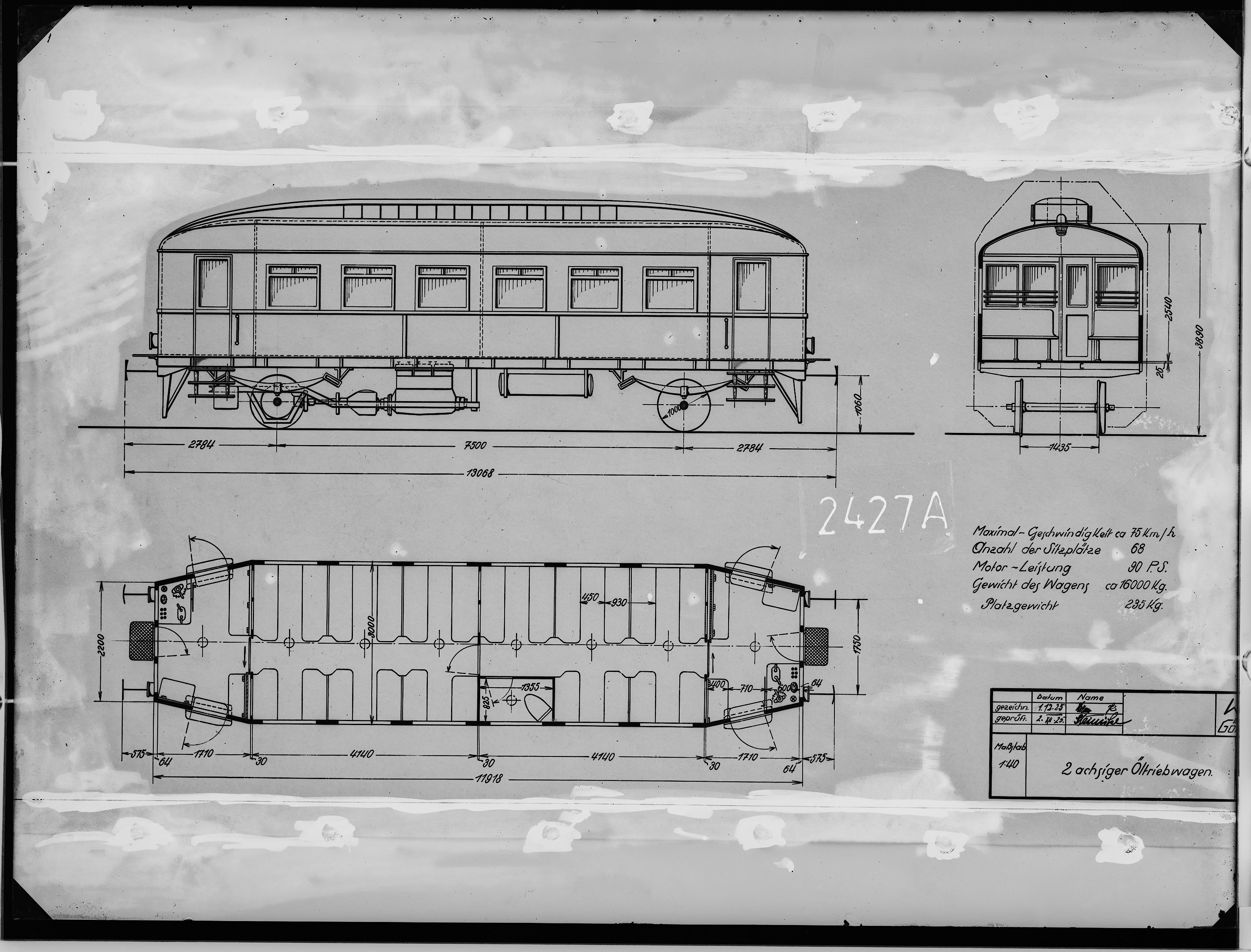 Fotografie: zweiachsiger Motor-Triebwagen (Konstruktionszeichnung), 1925 (Schenkung der Bombardier Transportation, Werk Görlitz | Eigentum/Sammlung der Verkehrsmuseums Dresden gGmbH CC BY-NC-SA)
