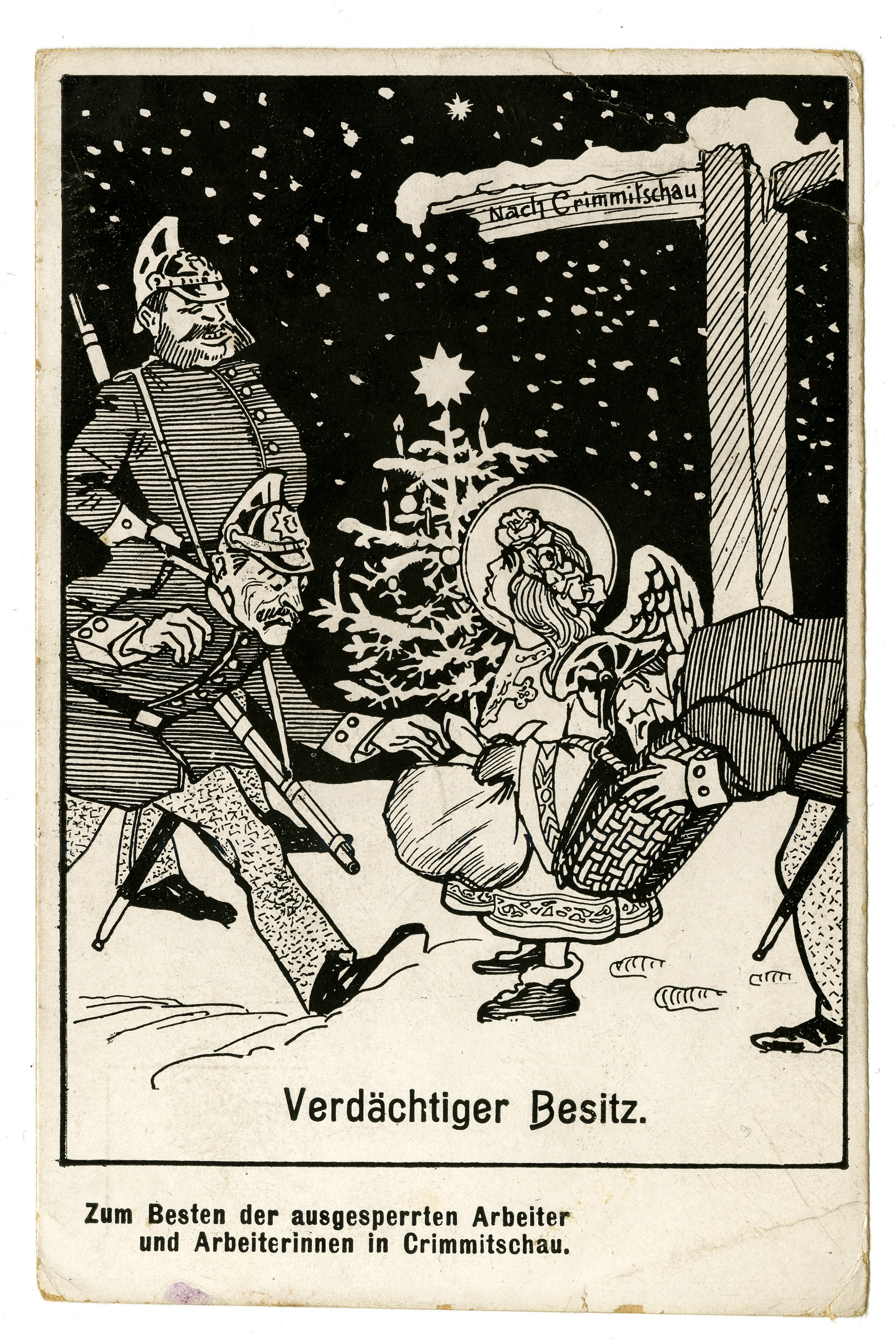 Postkarte "Verdächtiger Besitz" (Tuchfabrik Gebr. Pfau RR-R)