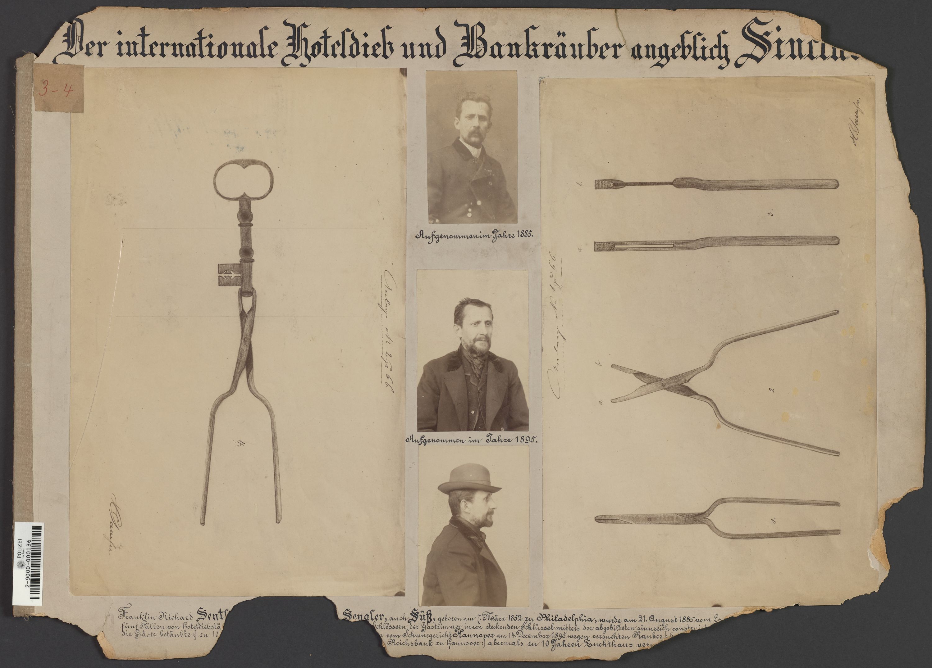 Lehrtafel mit Darstellungen des internationalen Hoteldieb Sin…? von 1895 und eines Einbruchs mit Schuhspur (Polizeidirektion Dresden RR-F)