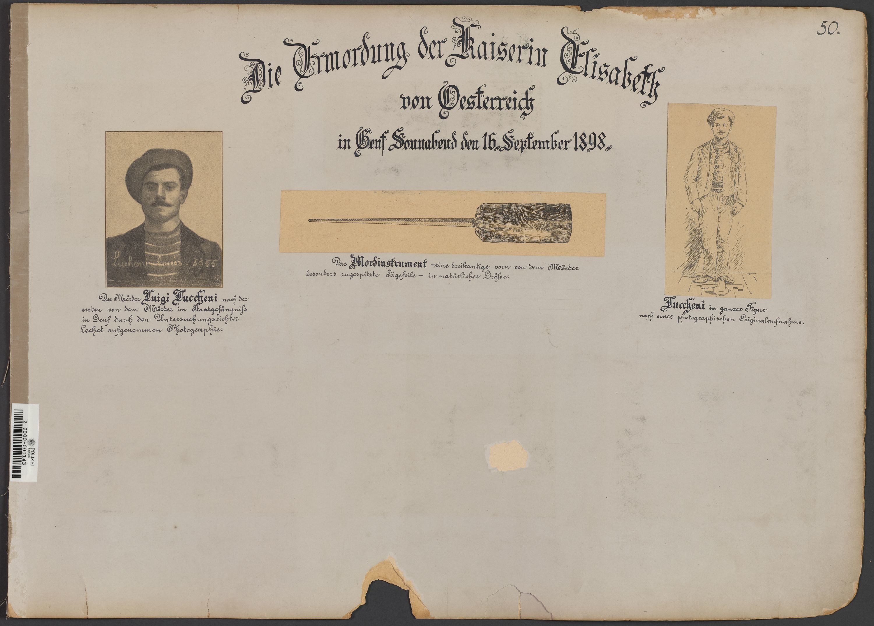 Lehrtafel mit Darstellungen des Täters der Ermordung der Kaiserin Elisabeth 1898 sowie Briefe in Französisch (Polizeidirektion Dresden RR-F)