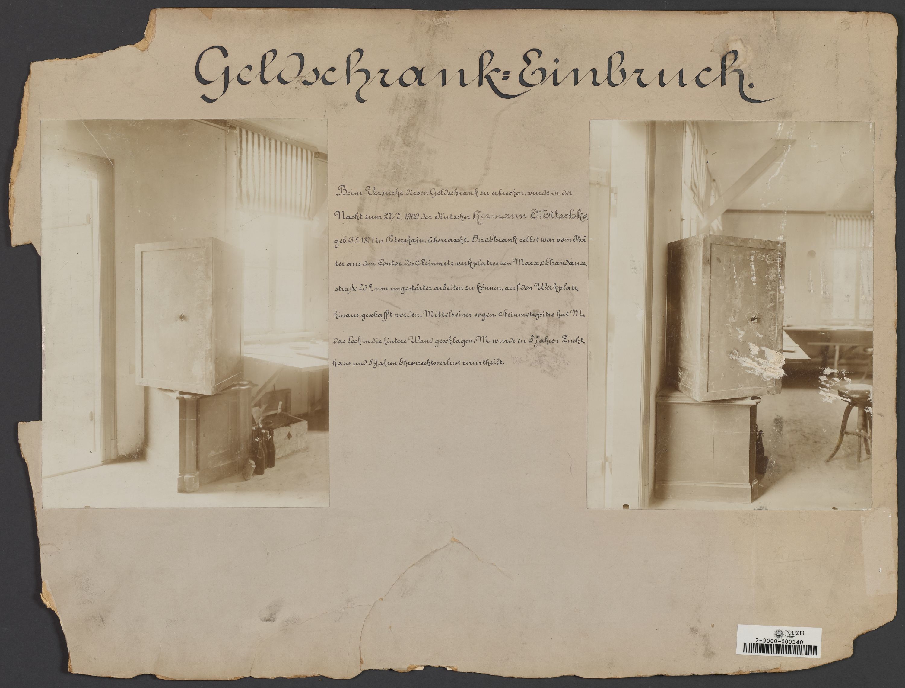 Lehrtafel mit Darstellungen von Geldschrankeinbruch in Peterhain und Urkundenfälschung von 1900 (Polizeidirektion Dresden RR-F)