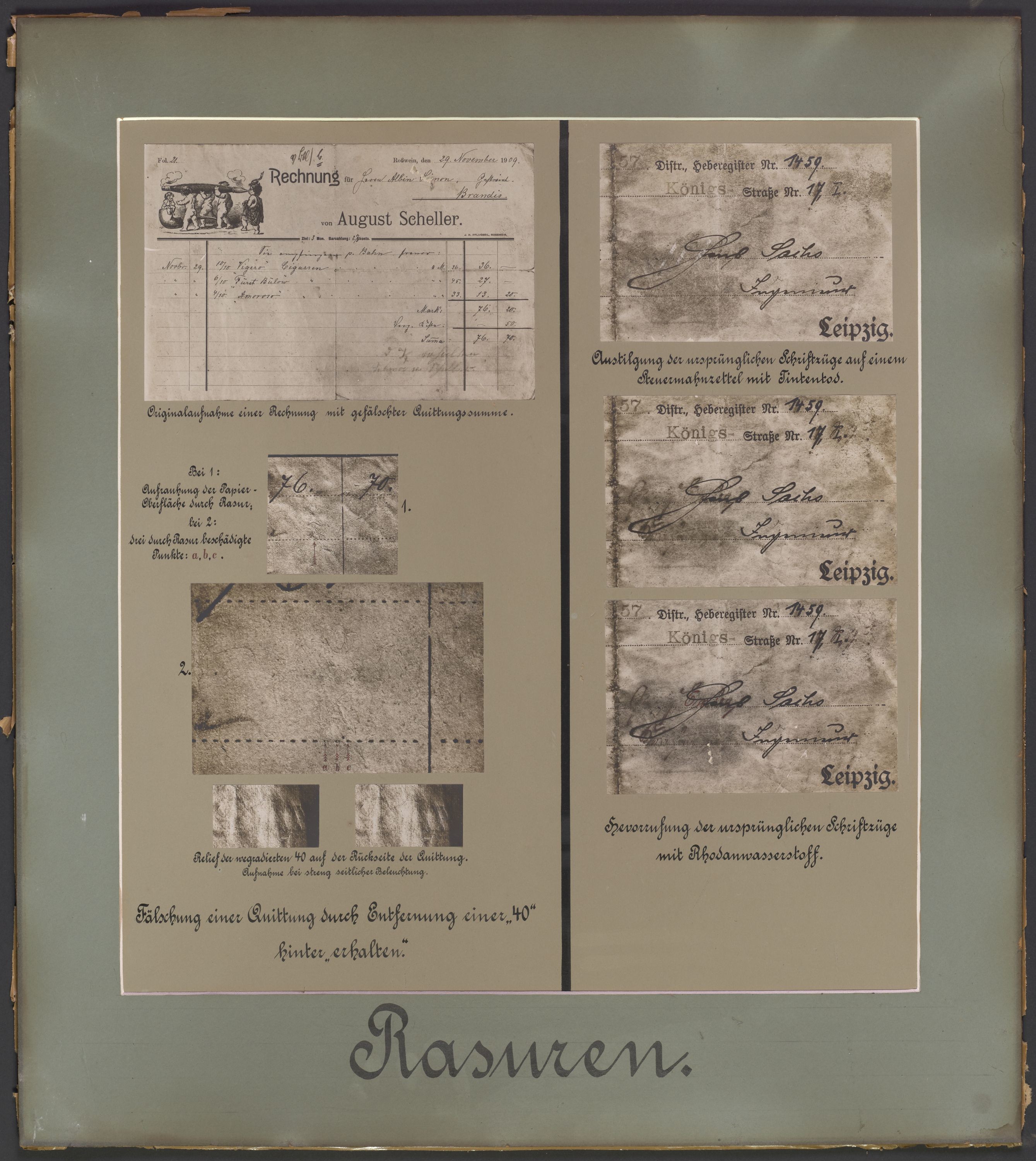 Lehrtafel mit Darstellungen von Geldschrankeinbruch mit Täter sowie vom Mord der Witwe Hermsdorf von 1899 (Polizeidirektion Dresden RR-F)