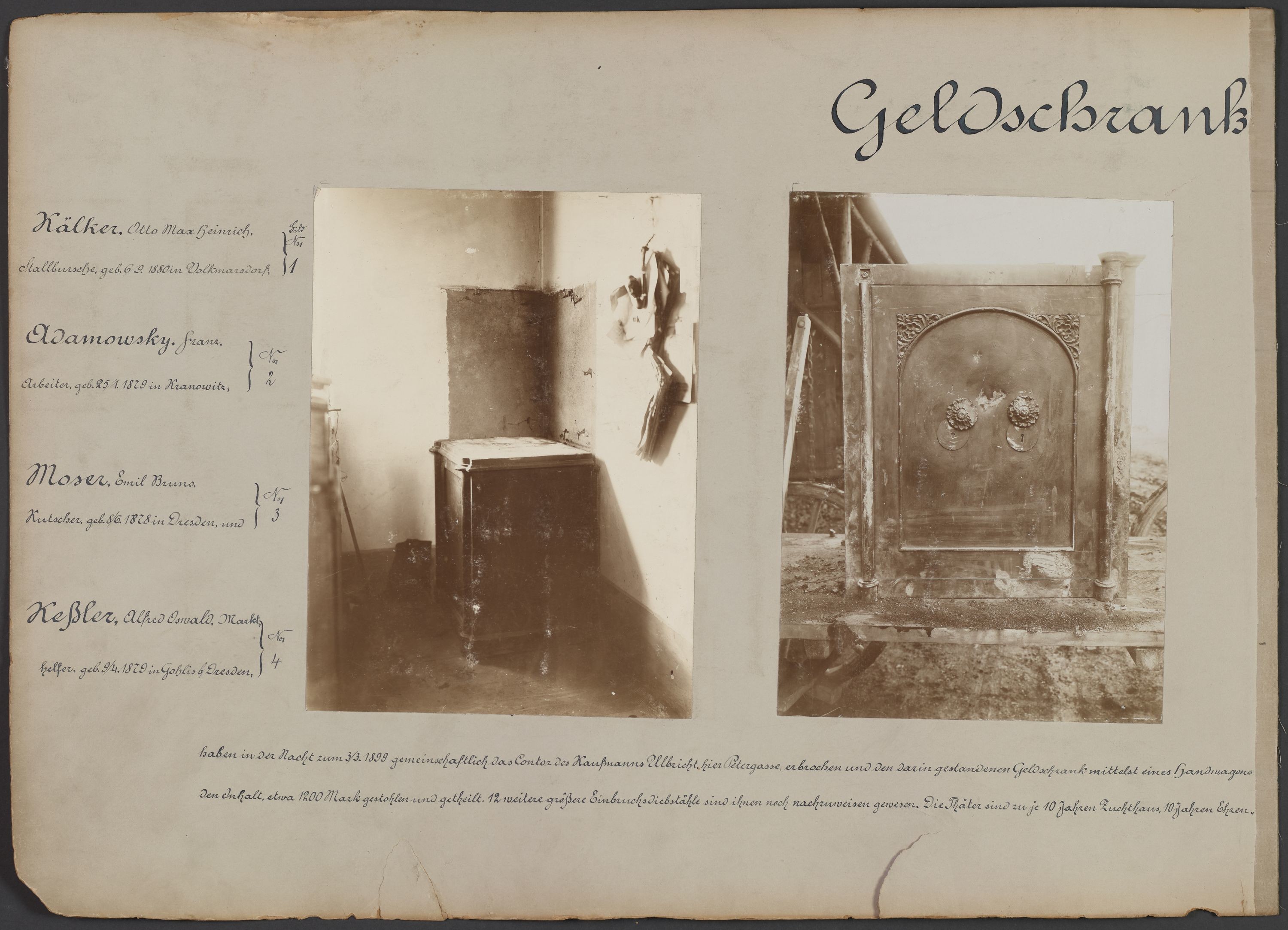 Lehrtafel mit Darstellungen von Geldschrankeinbrüchen von 1899 (Polizeidirektion Dresden RR-F)