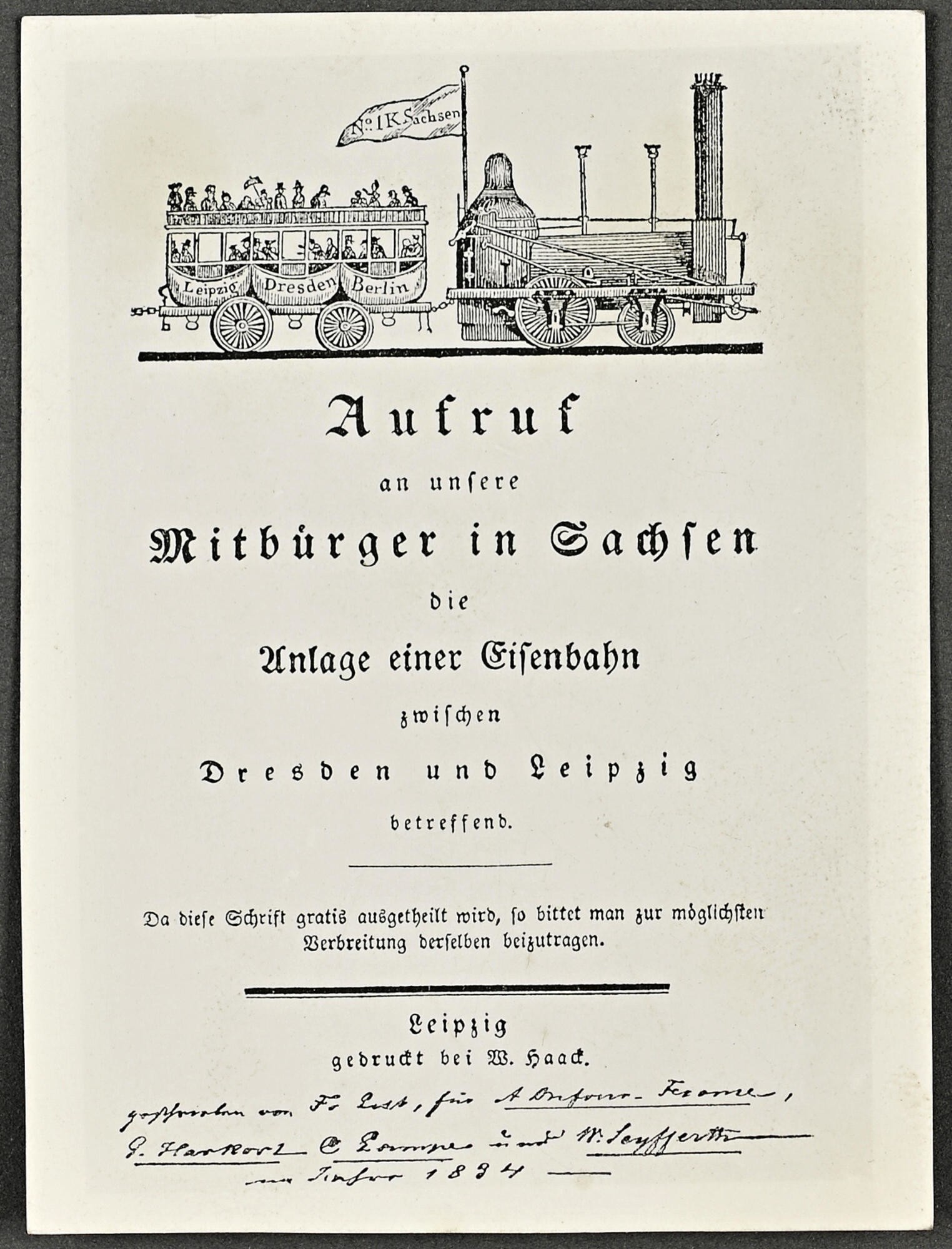 Tafel 1035, Bild 2, "Aufruf an unsere Mitbürger in Sachsen die Anlage einer Eisenbahn zwischen Dresden und Leipzig betreffend" (Stadtmuseum Dresden CC BY-NC-ND)