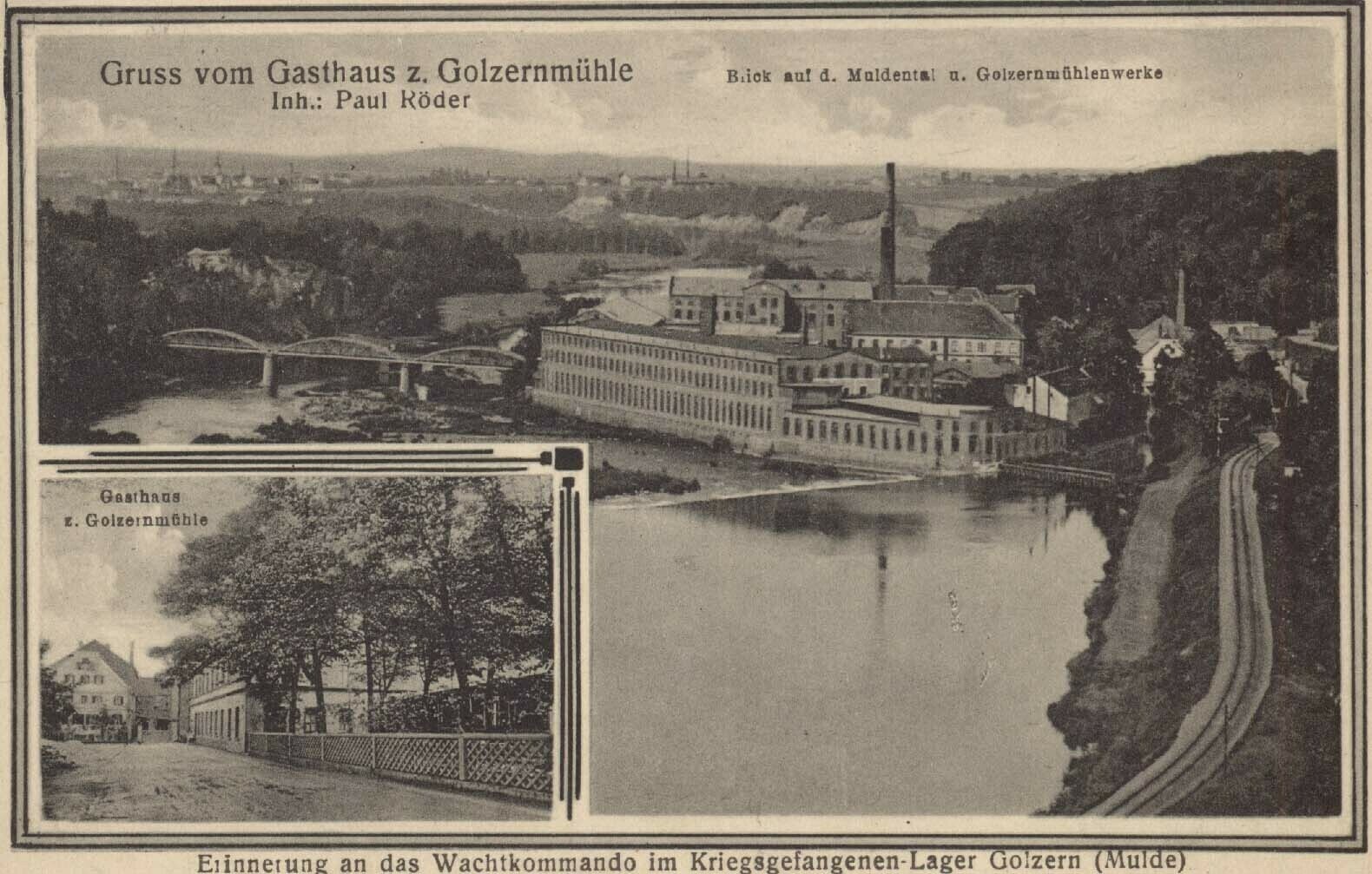 Gruss vom Gasthaus z. Golzernmühle Inh.: Paul Röder, Erinnerung an das Wachkommando im Kriegsgefangenen-Lager Golzern (Mulde) (Kreismuseum Grimma RR-F)