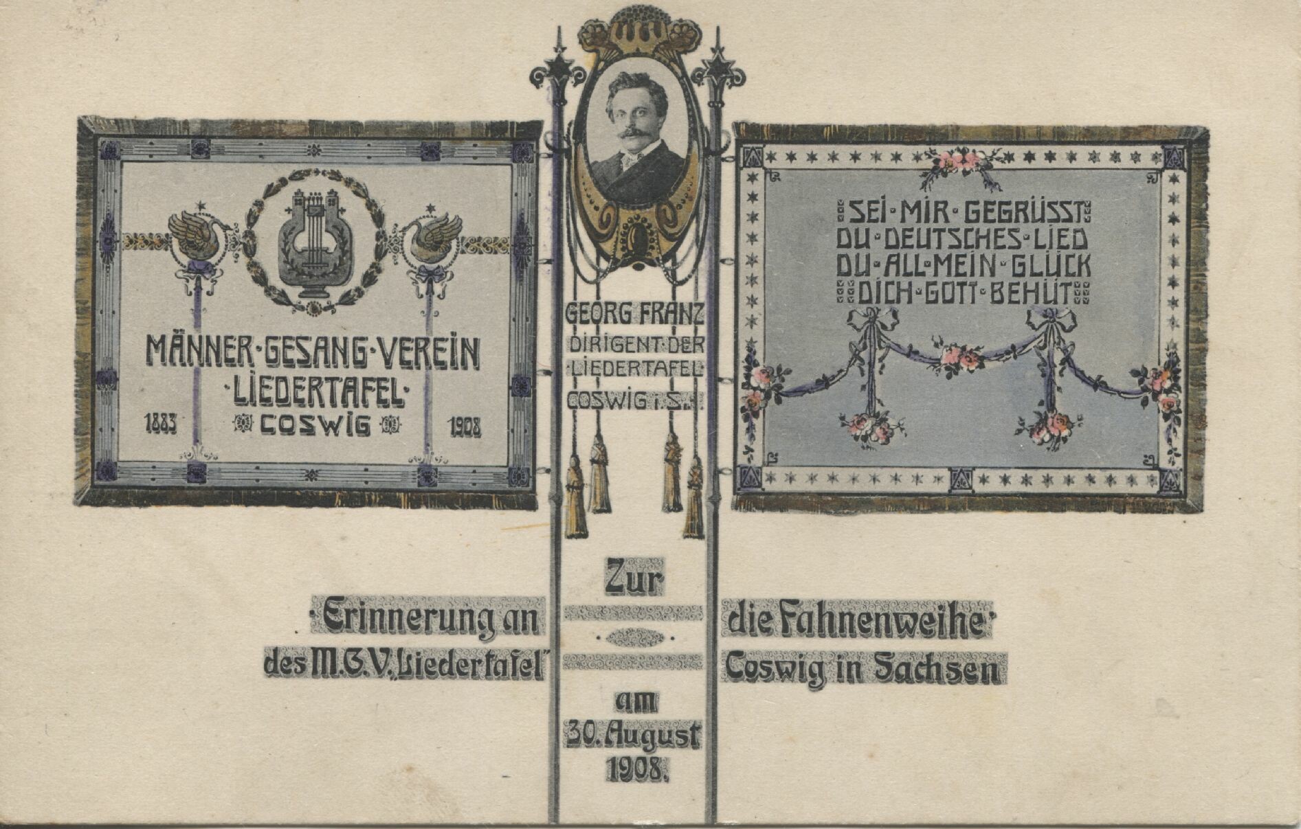 Postkarte: Coswig - Ereignisse - Fahnenweihe MGV Liedertafel 1908 (Karrasburg Museum Coswig CC BY-NC-SA)