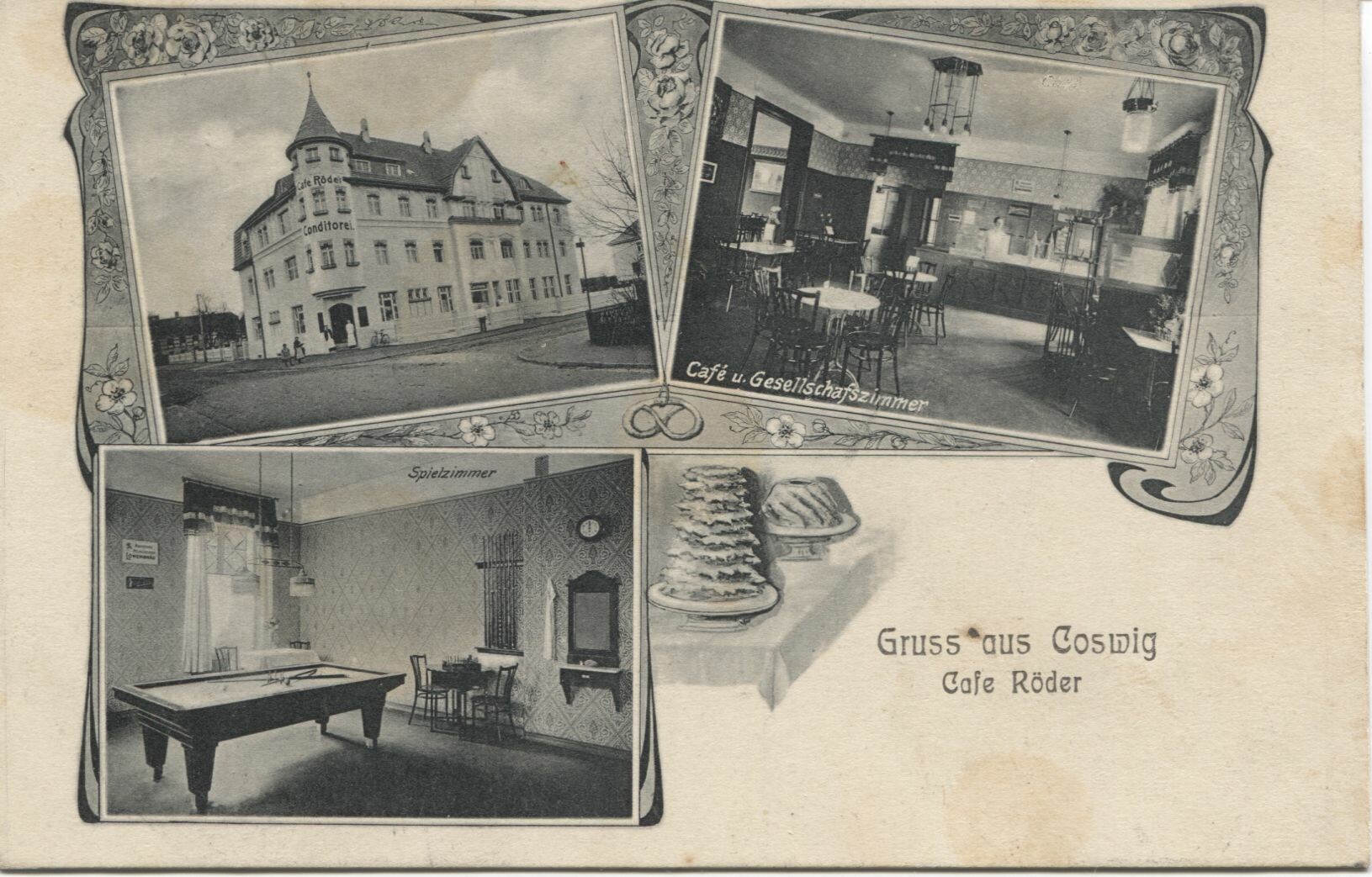 Postkarte: Coswig - Gaststätten - Cafe Röder, Cafe Saupe, Stadtcafe (Karrasburg Museum Coswig CC BY-NC-SA)
