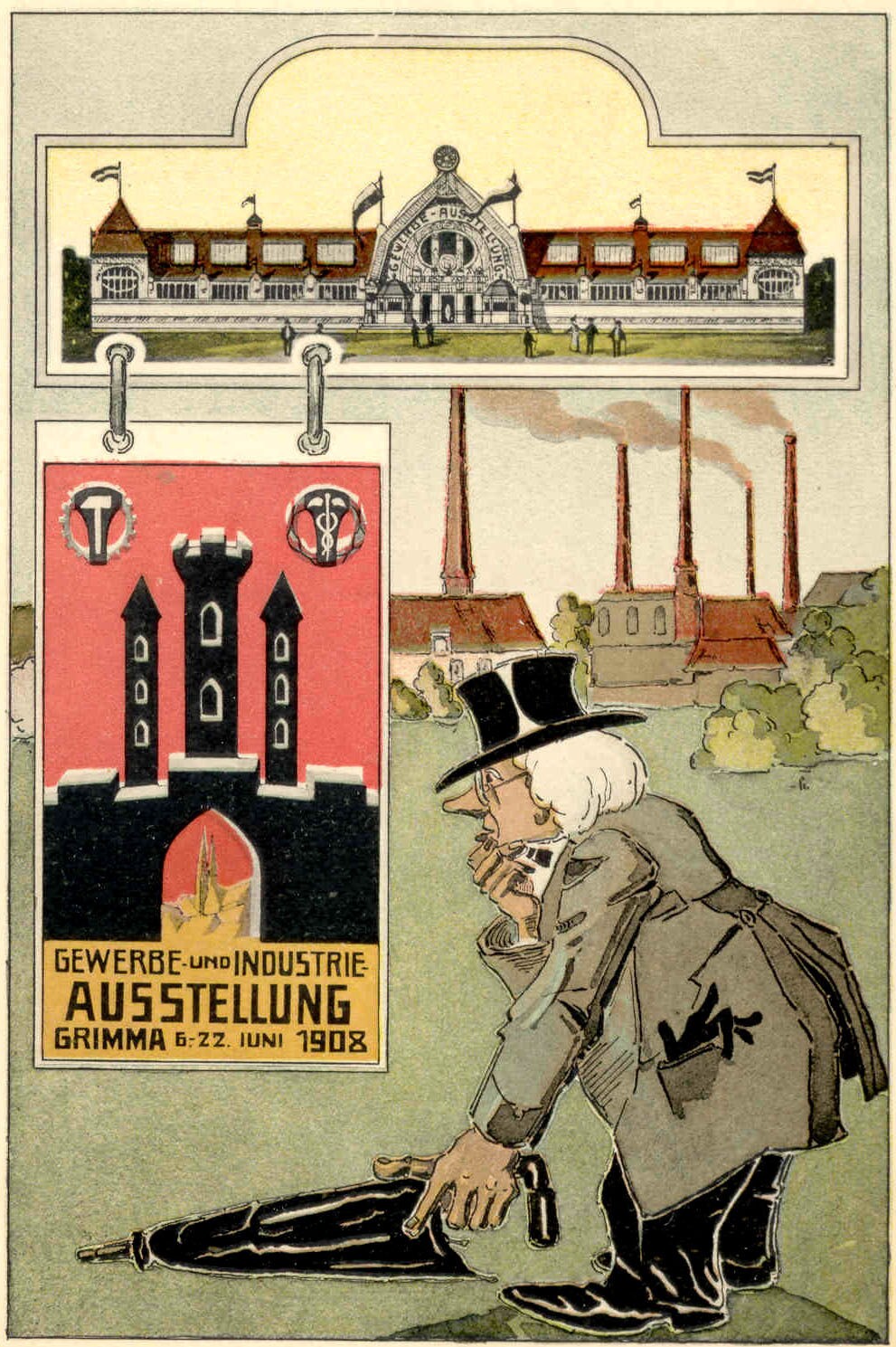 Postkarte zur Gewerbe- und Industrieausstellung Grimma 1908 (Kreismuseum Grimma RR-F)