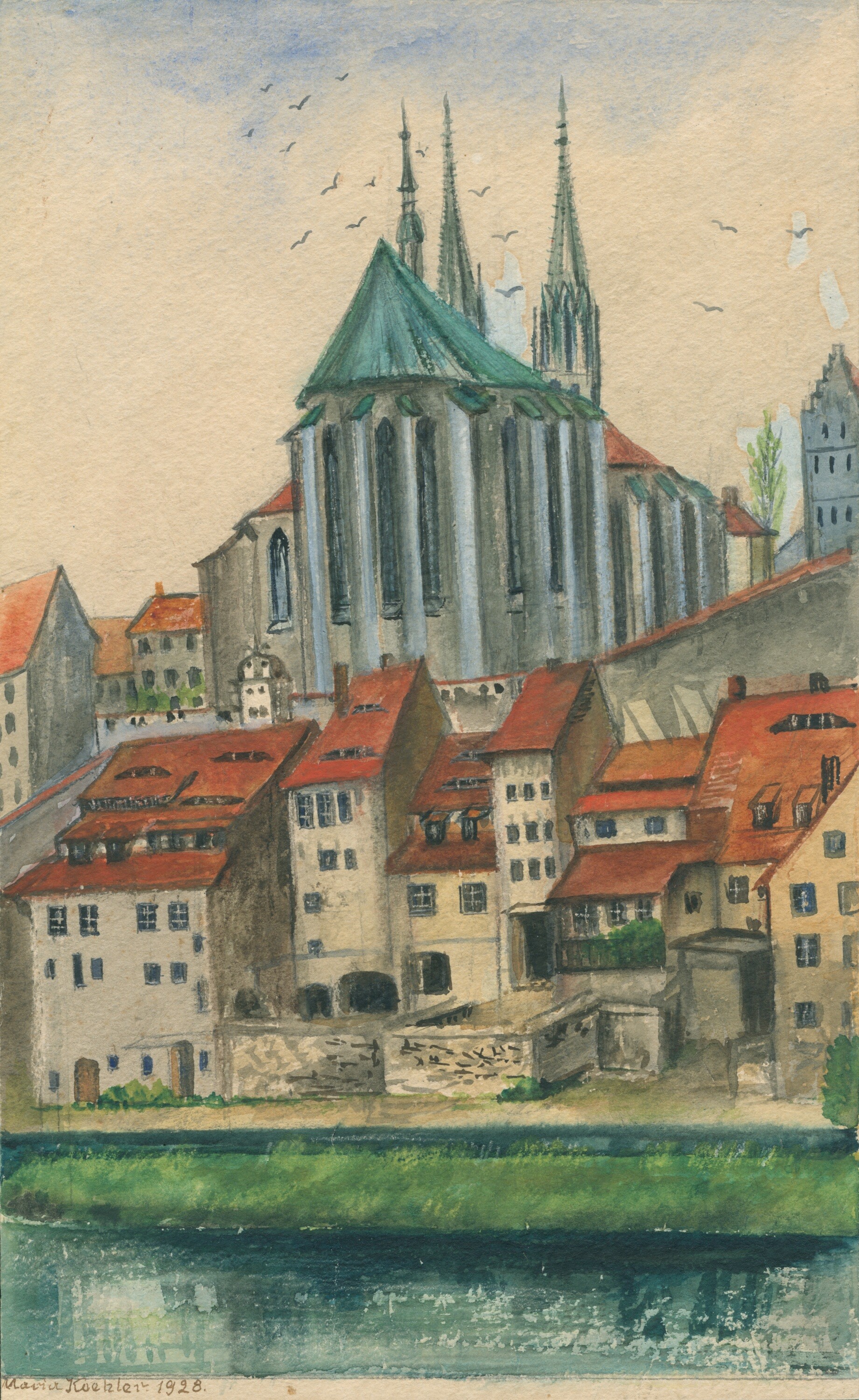 Grafik: Blick über die Neiße zur Peterskirche (Kulturhistorisches Museum Görlitz CC BY-NC-SA)