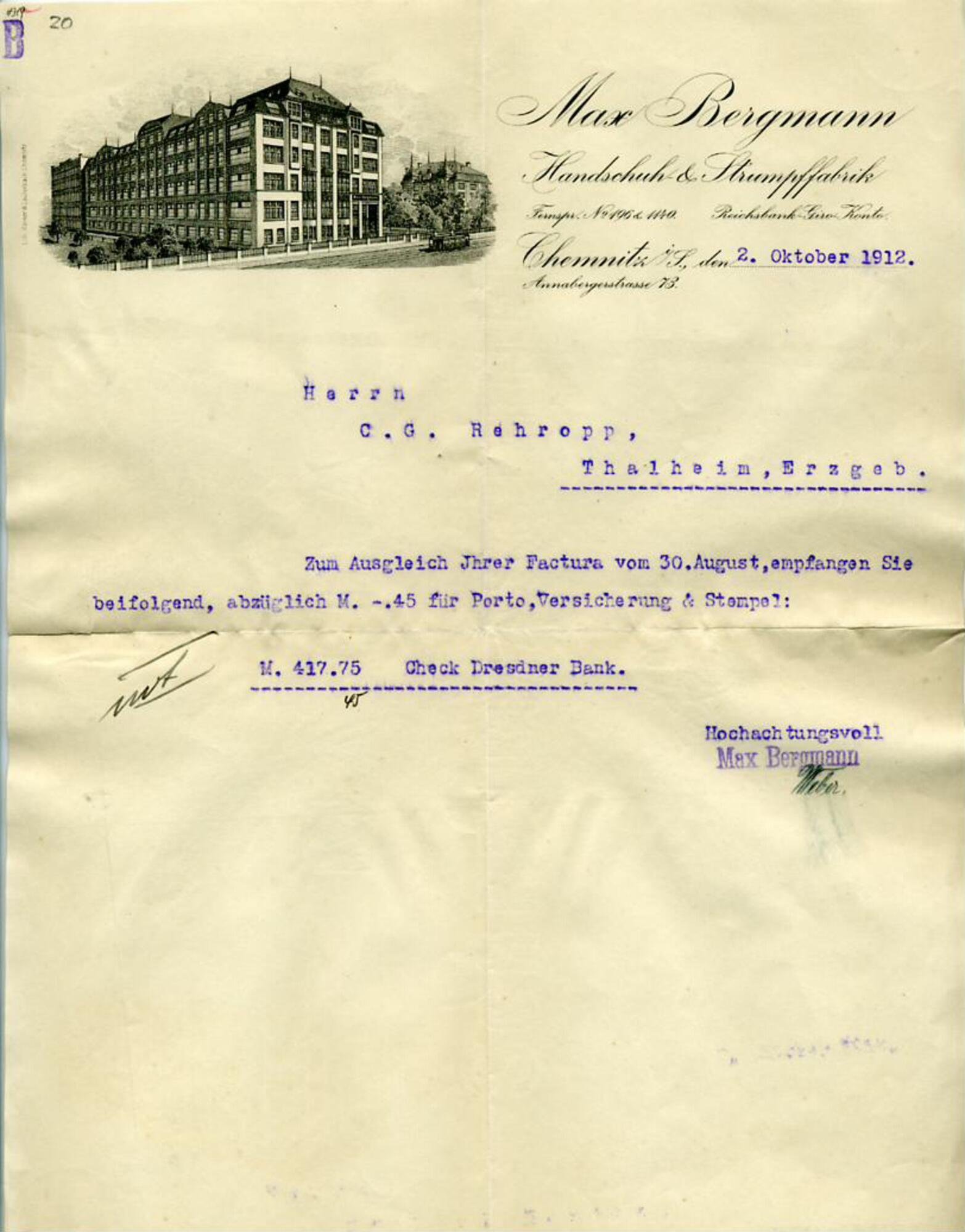 Brief (Industriemuseum Chemnitz; Scan: Gisela Strobel CC BY-NC-SA)