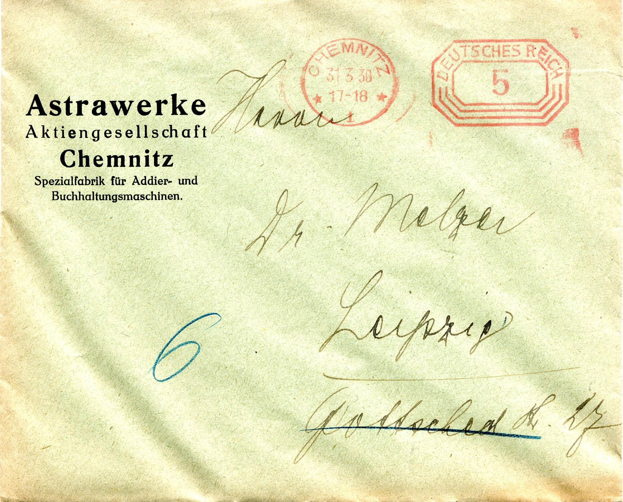 Briefumschlag, Front (Industriemuseum Chemnitz; Scan: Carola Hütcher CC BY-NC-SA)