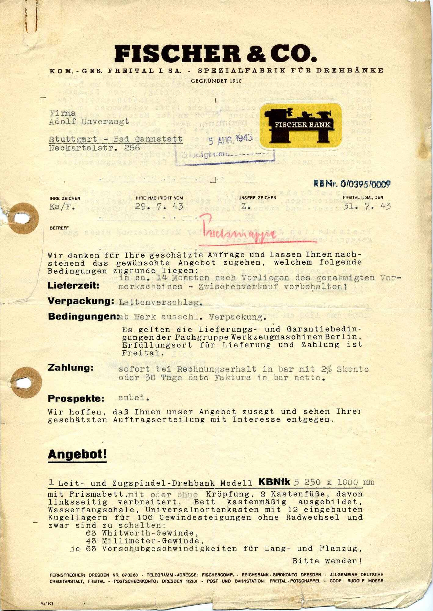 Brief, avers (Industriemuseum Chemnitz; Scan: Carola Hütcher CC BY-NC-SA)