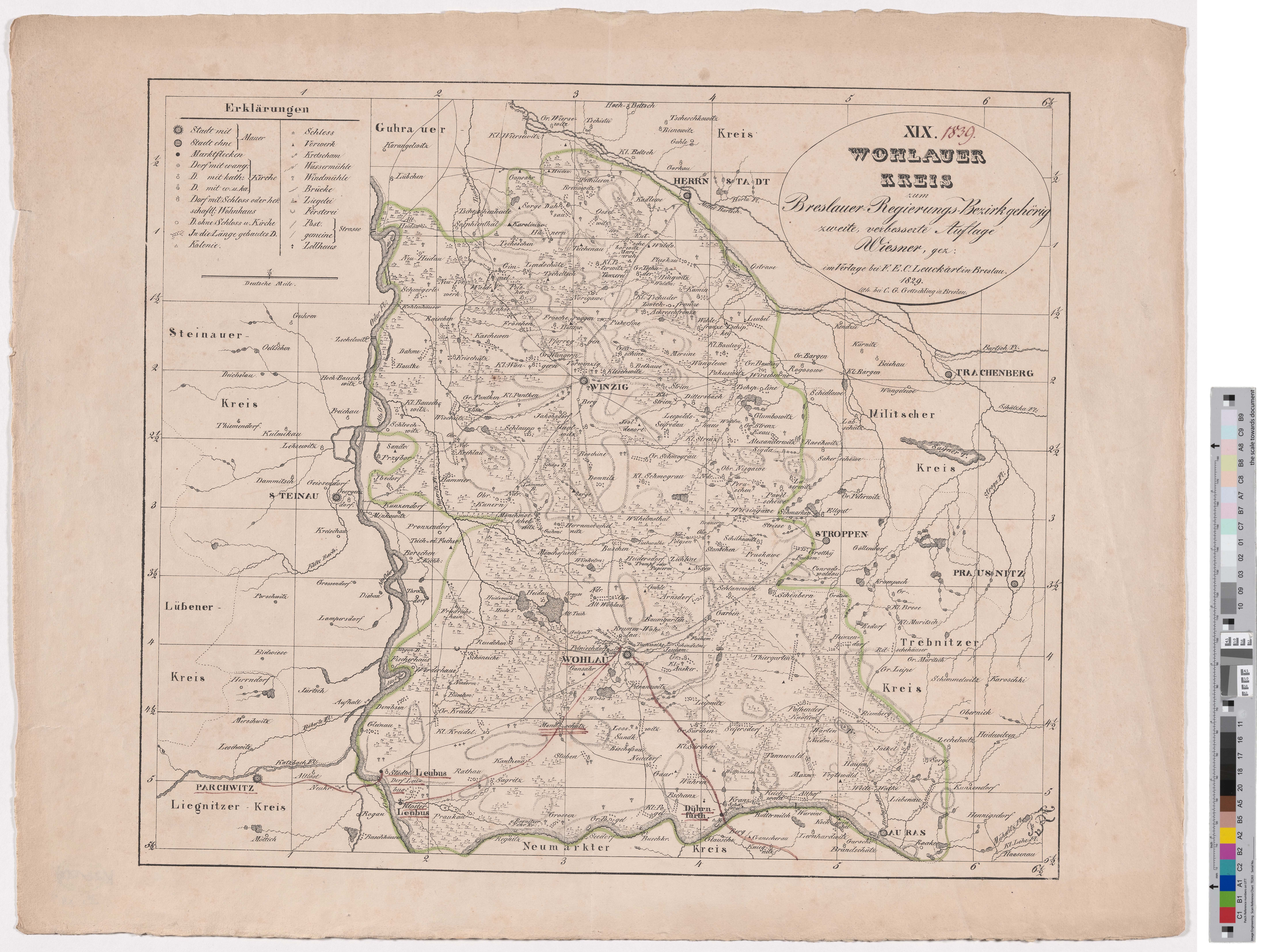 Landkarte „XIX. Wohlauer Kreis zum Breslauer Regierungs-Bezirk gehörig“ (Kreismuseum Grimma RR-F)