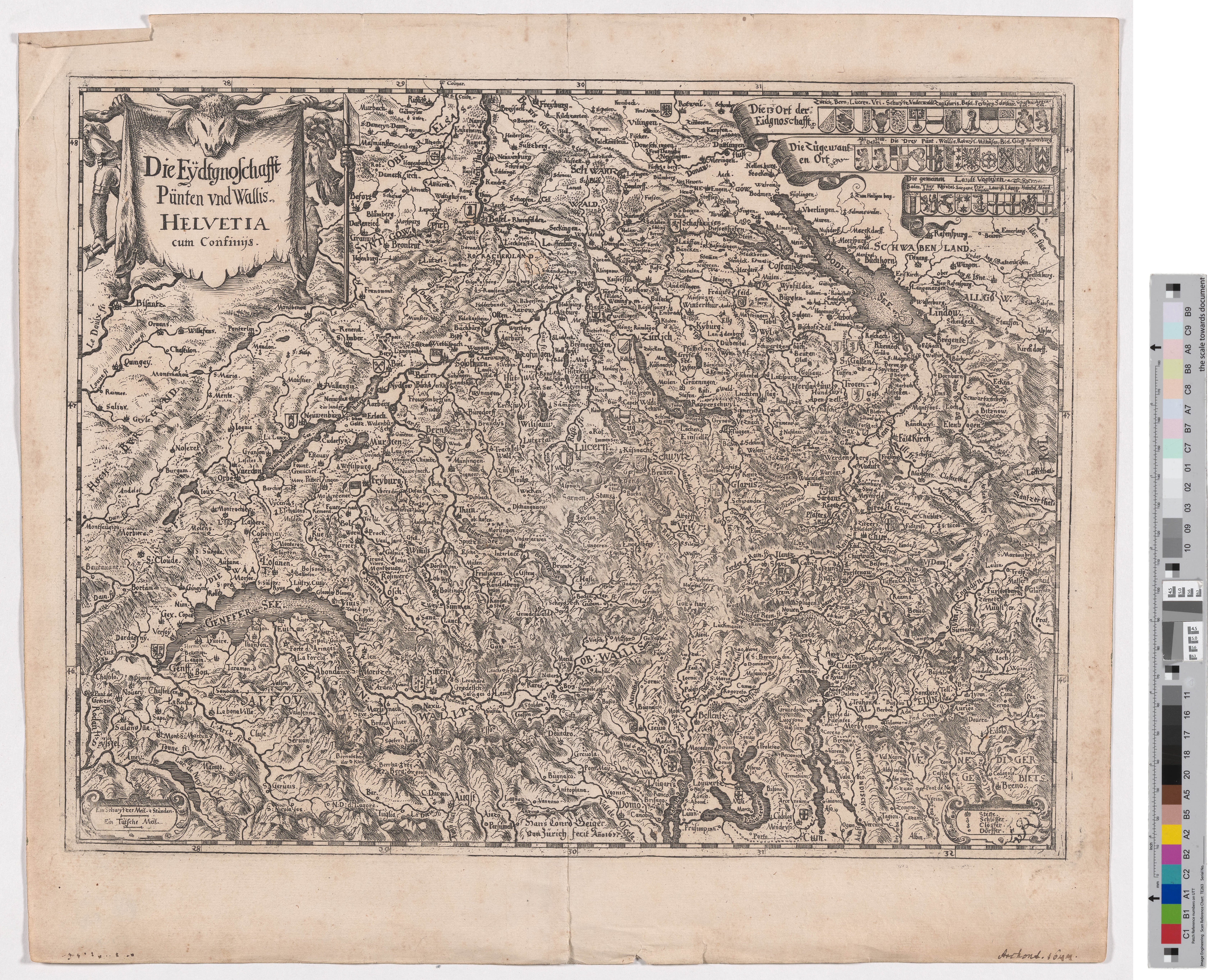 Landkarte "Die Eydtgnoschafft Pünten und Wallis. Helvetia cum Confinijs." (Kreismuseum Grimma RR-F)
