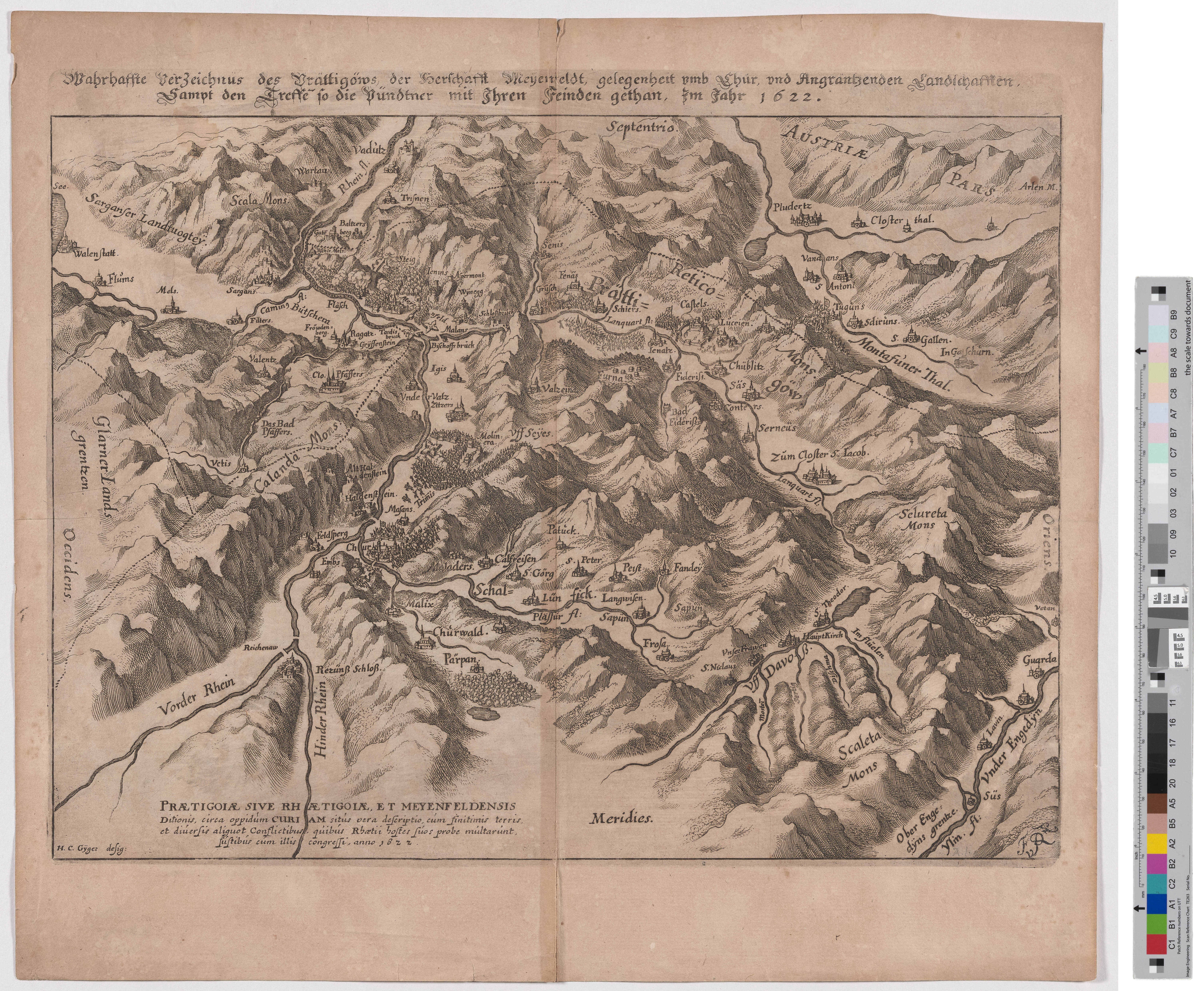 Landkarte "Wahrhafte Verzeichnus des Brättigöws der Herschaft Meyenfeld gelegenheit um Chur, und Angräntzenden Landschaften" (Kreismuseum Grimma RR-F)
