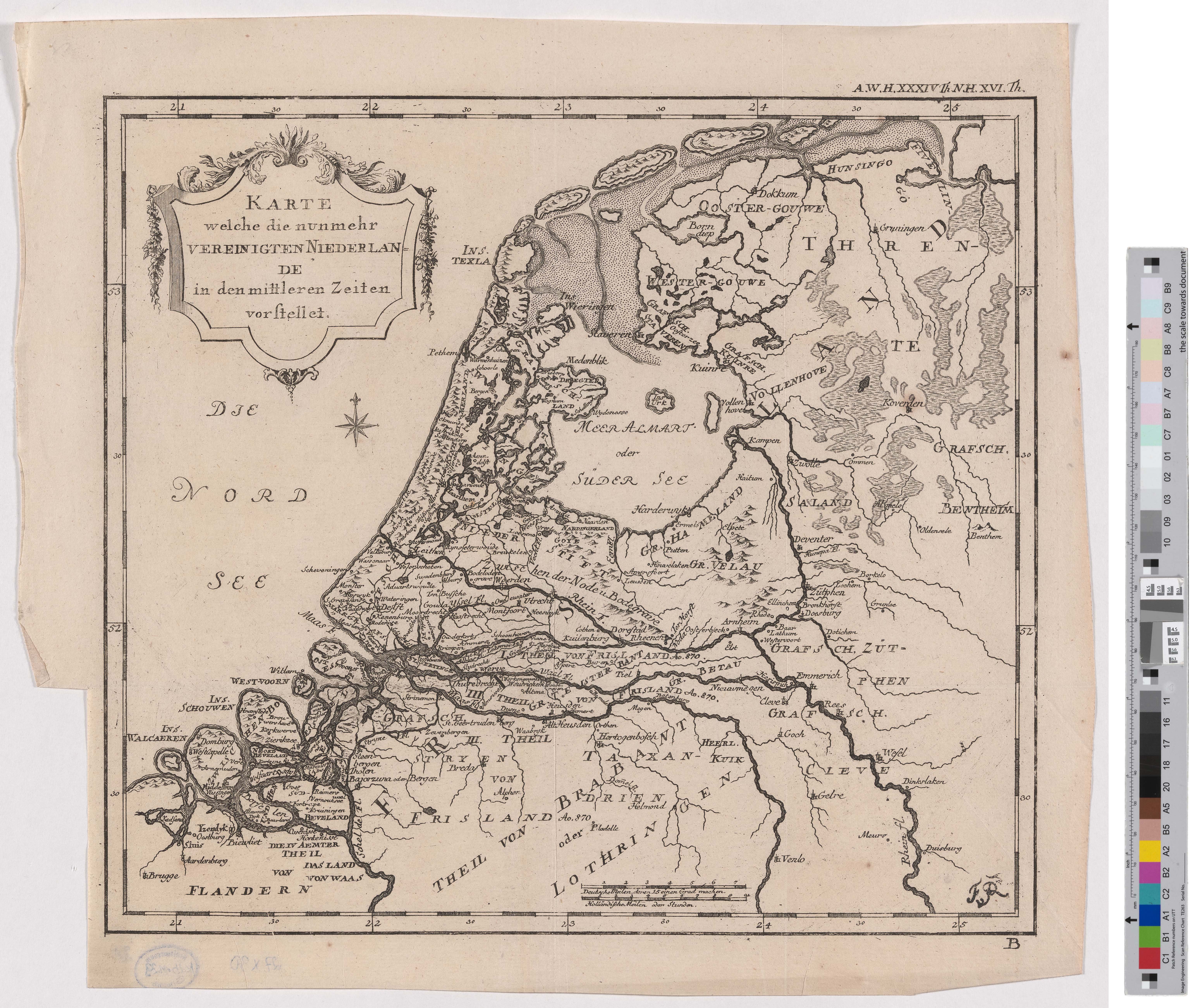 Landkarte "Karte welche die nunmehr Vereinigten Niederlande in den mittleren Zeiten vorgestellt" (Kreismuseum Grimma RR-F)