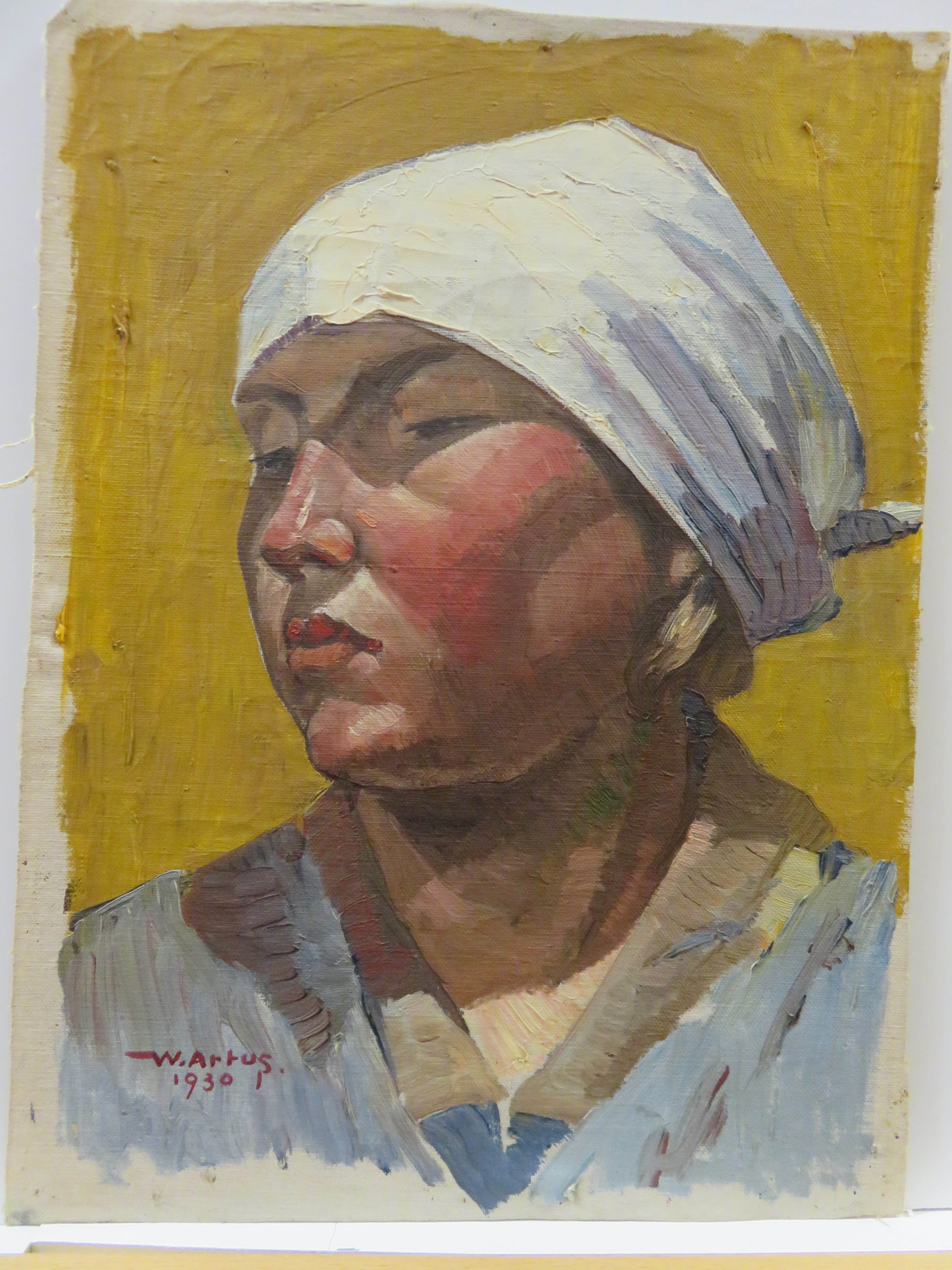 Ölbild: Porträt einer jungen Frau mit Kopftuch (Kreismuseum Grimma RR-F)