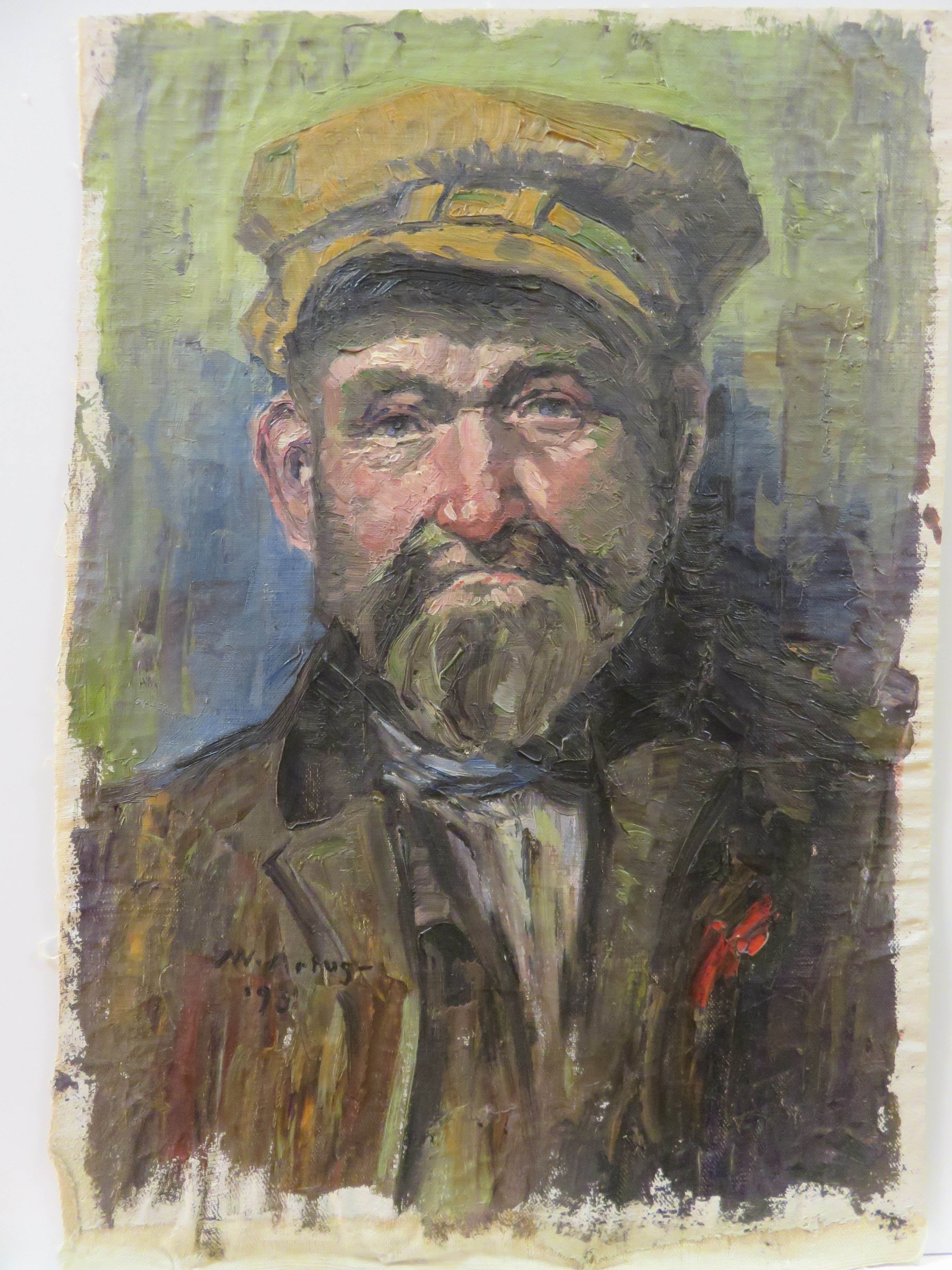 Ölbild: Mann mit Vollbart und brauner Mütze (Kreismuseum Grimma RR-F)