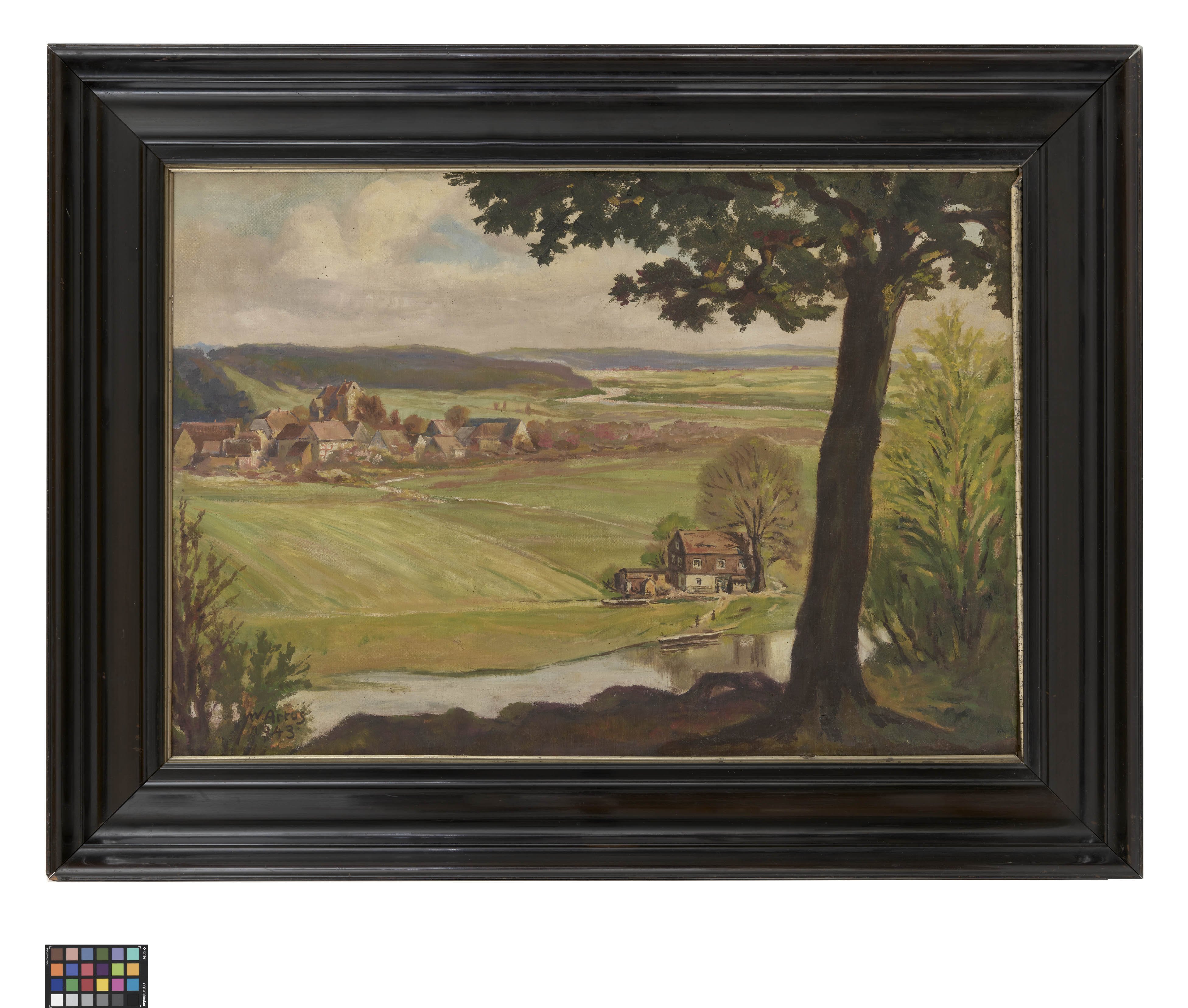 Ölbild: Dorf Höfgen und Fähre (Kreismuseum Grimma RR-F)