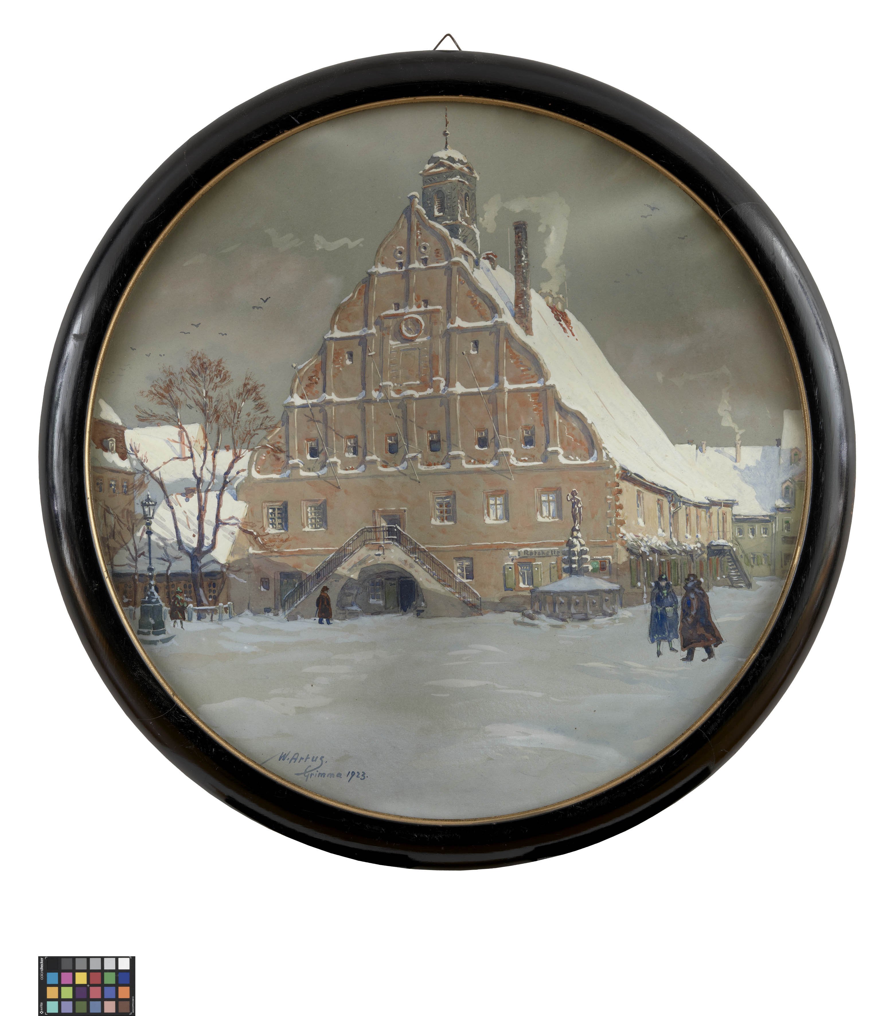 Aquarell: Grimmaer Rathaus im Winter (Kreismuseum Grimma RR-F)