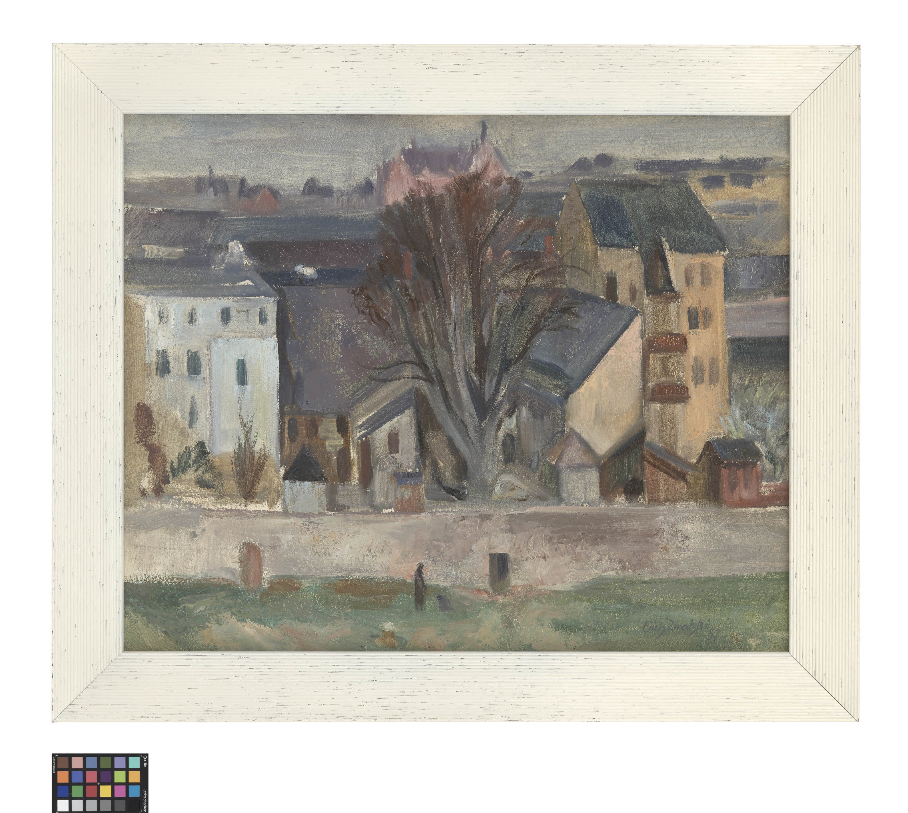 Ölbild: Grimmaer Stadtmauer mit Blick zur roten Schule (Kreismuseum Grimma RR-F)