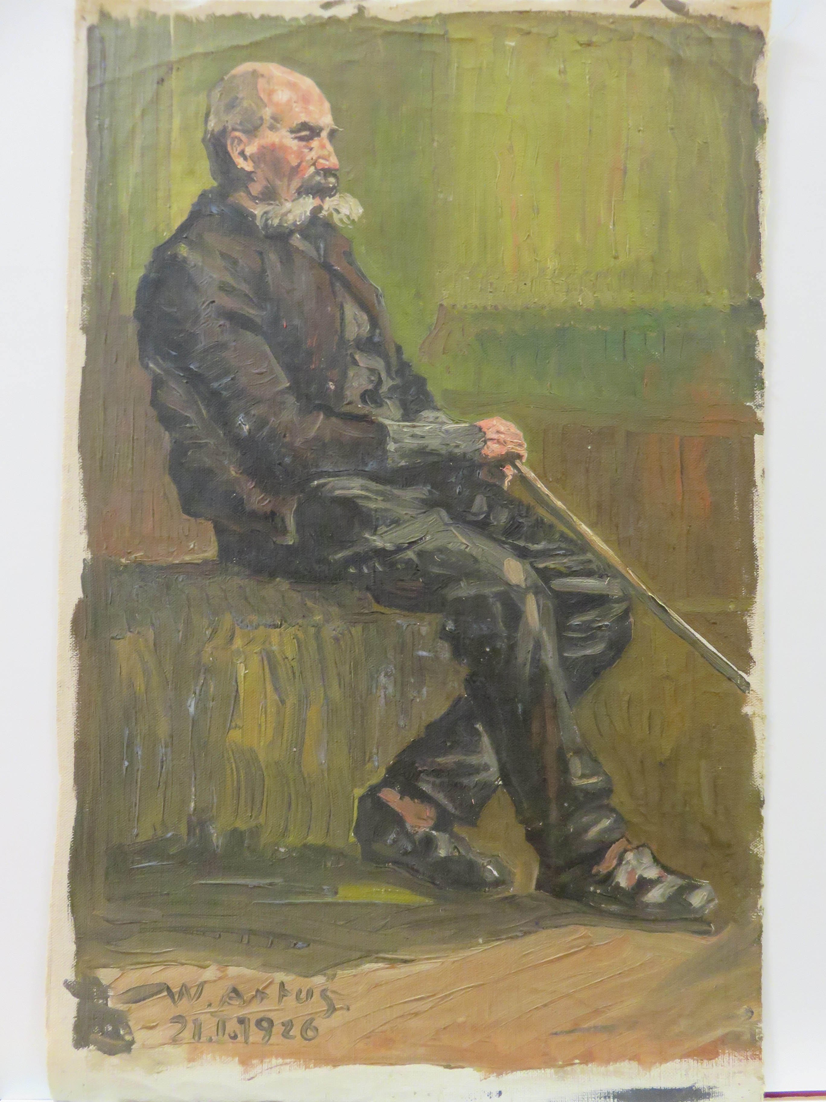 Ölbild: Sitzender alter Mann mit Stock (Kreismuseum Grimma RR-F)
