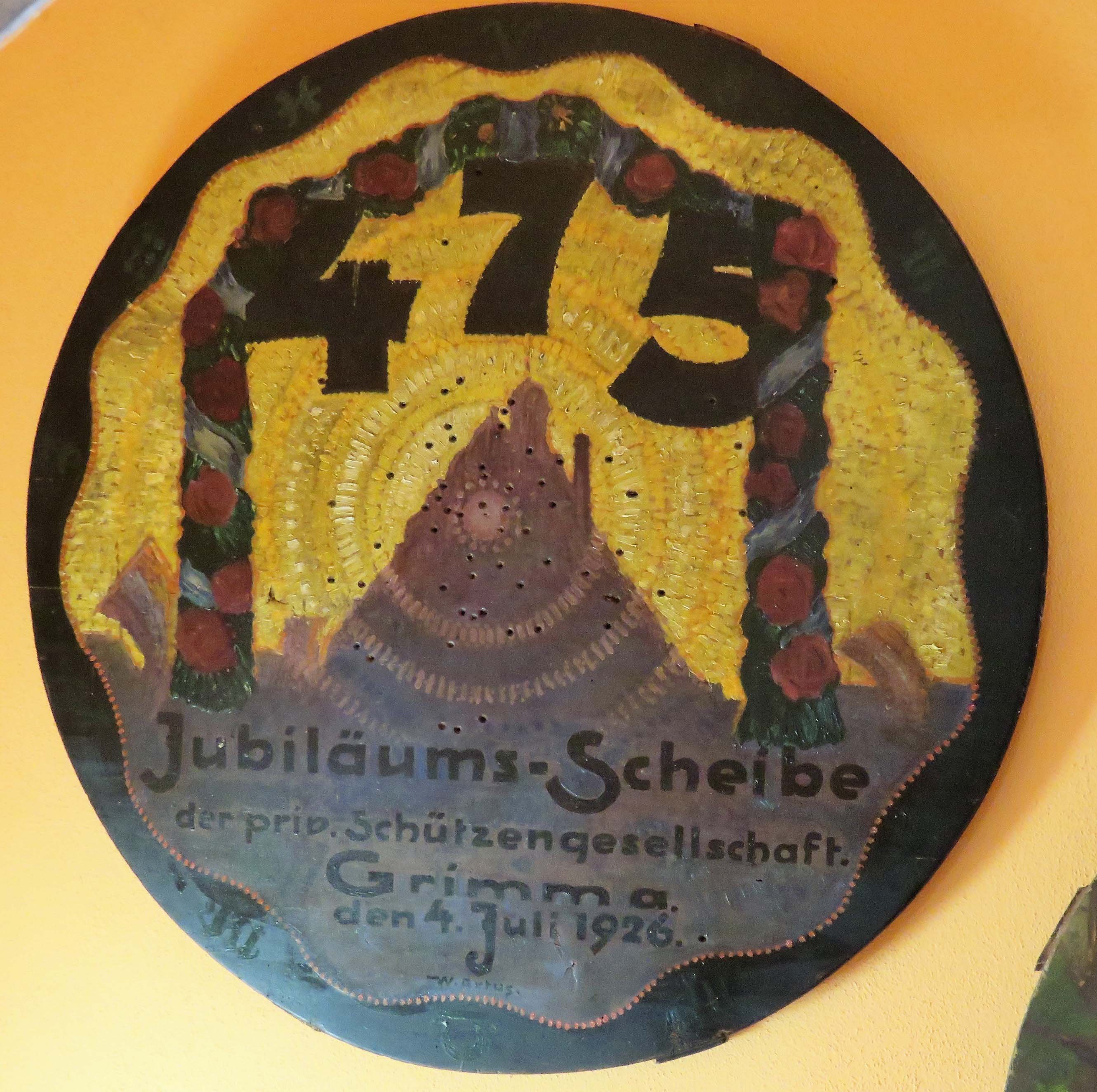 Jubiläums-Scheibe: Jubiläumsscheibe der priv. Schützengesellschaft Grimma (Kreismuseum Grimma RR-F)