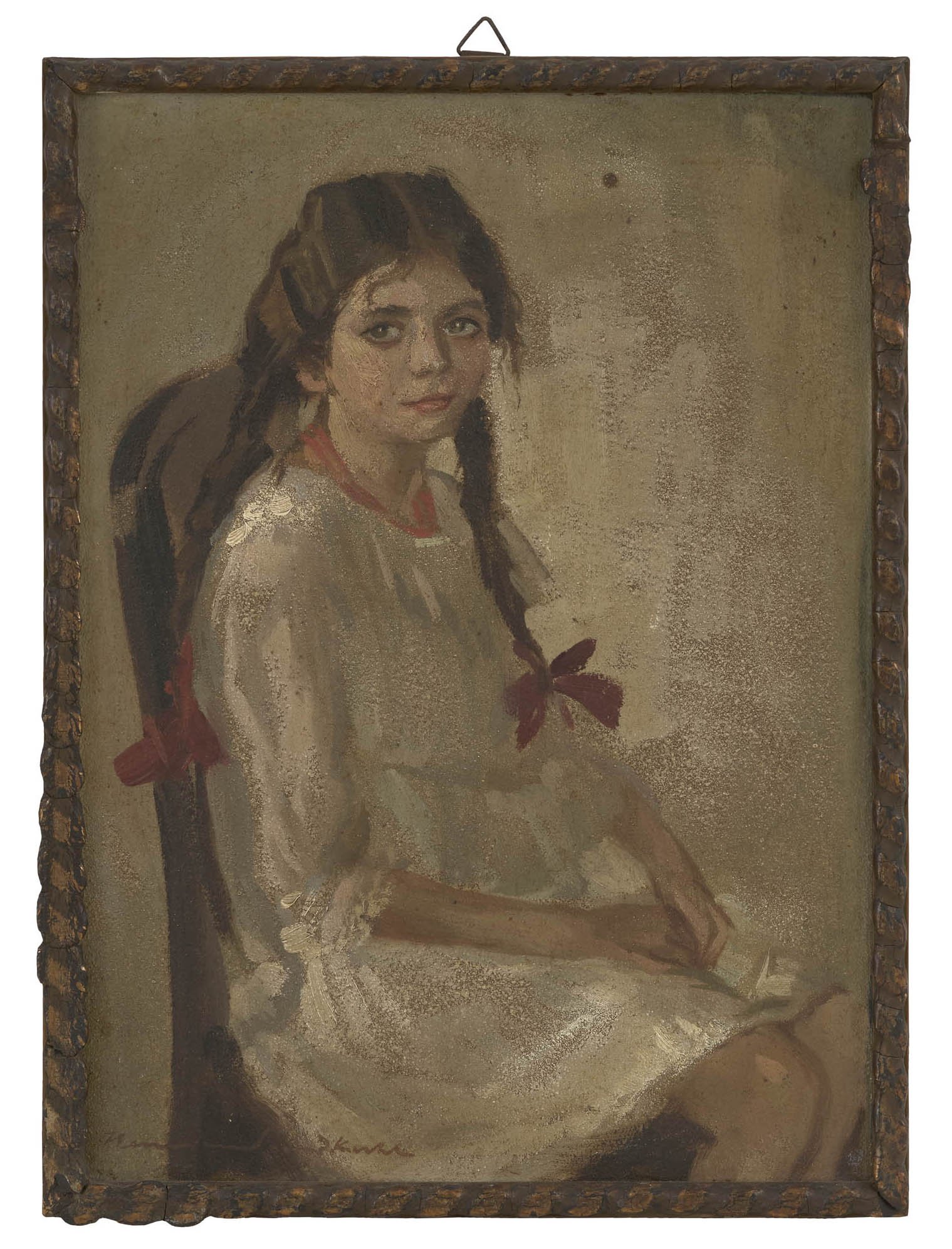 Ölbild: Mädchen mit langen Zöpfen (Kreismuseum Grimma RR-F)