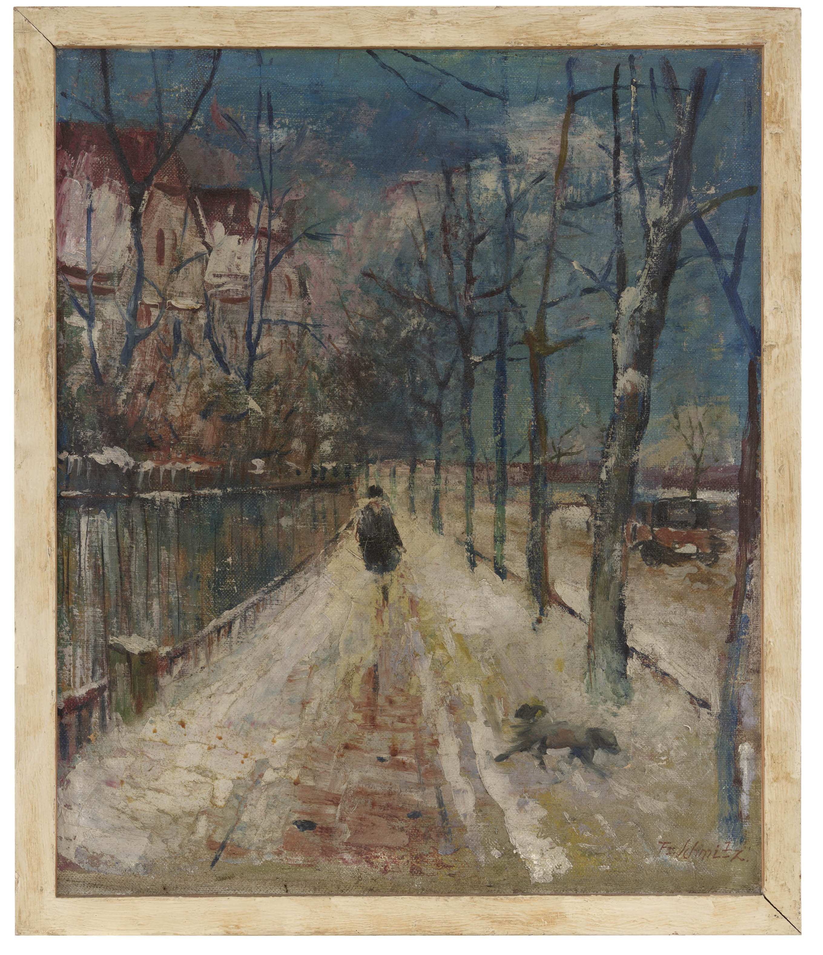 Ölbild: Frau mit Hund im Winter (Kreismuseum Grimma RR-F)