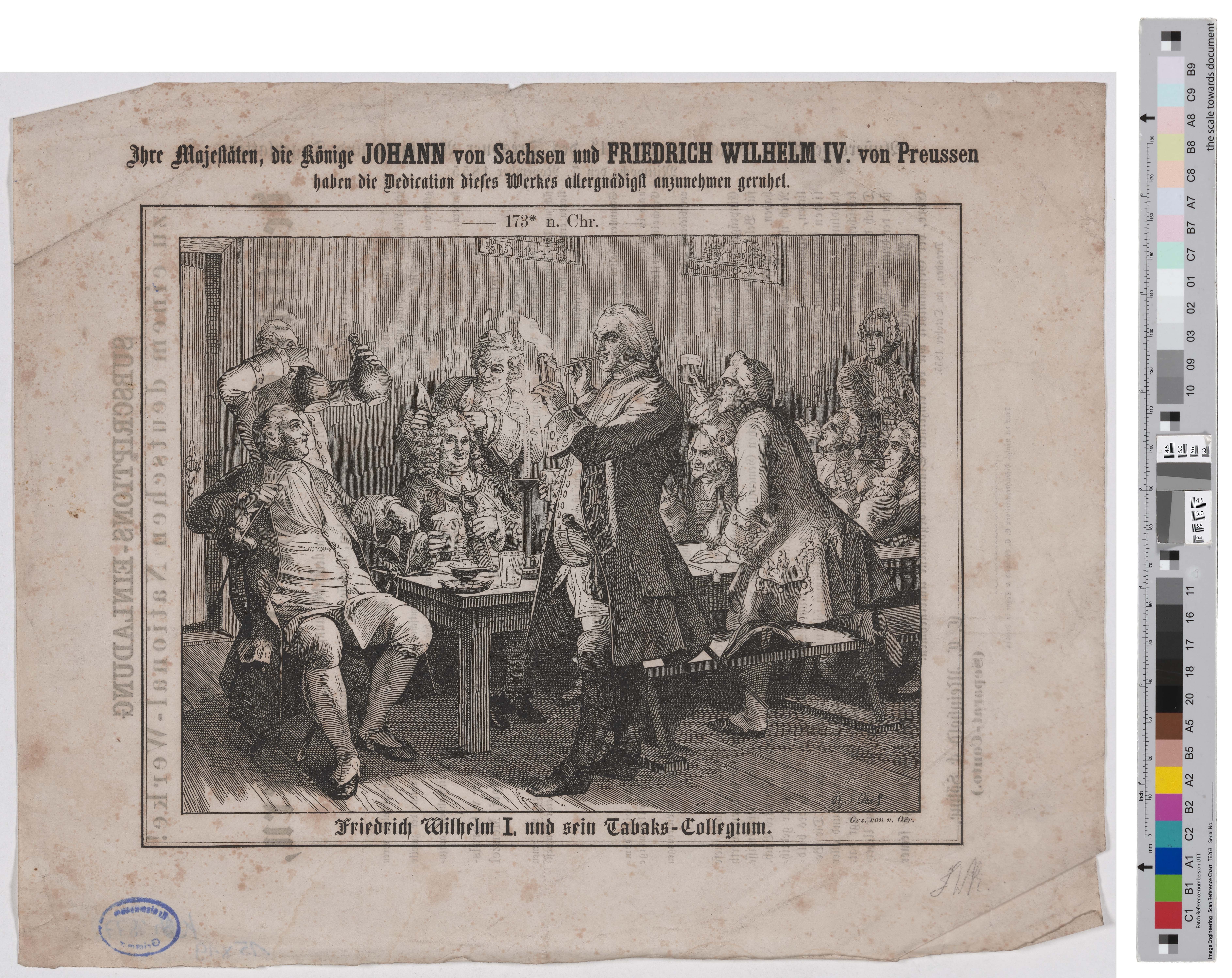 Druckgrafik „Friedrich Wilhelm I. und sein Tabaks-Collegium.“ (Kreismuseum Grimma RR-F)