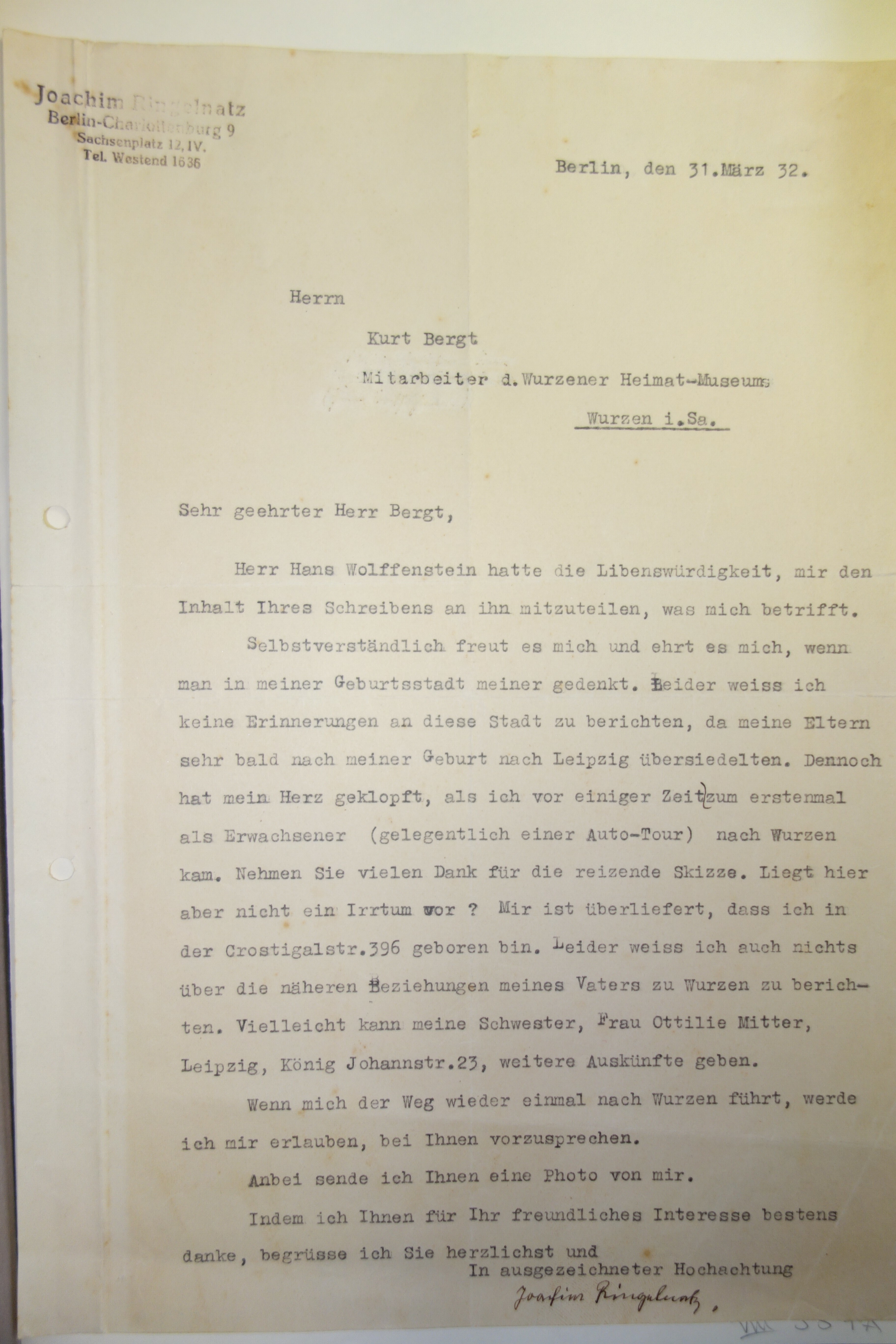 Brief verfasst von Joachim Ringelnatz an Kurt Bergt (Kulturhistorisches Museum Wurzen / Ringelnatz-Sammlung CC BY-NC-SA)