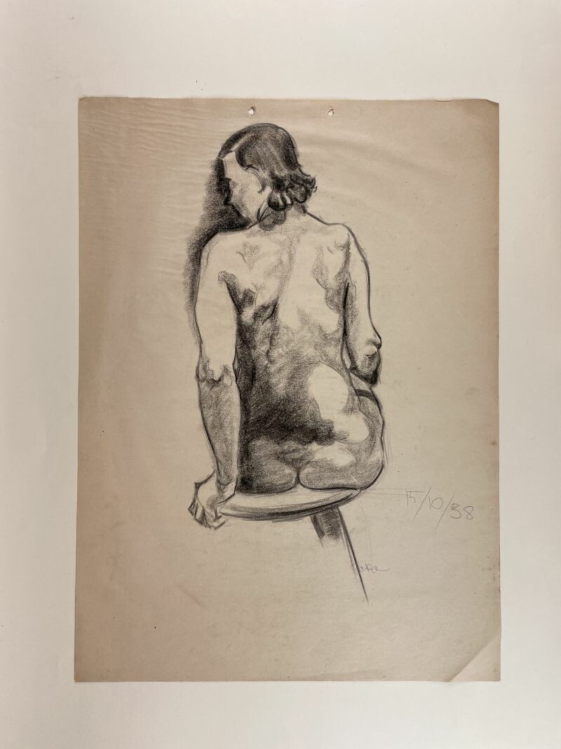 Weiblicher Rückenakt, auf einem Hocker, 1938 (Stadt- und Bergbaumuseum Freiberg CC BY-NC-SA)