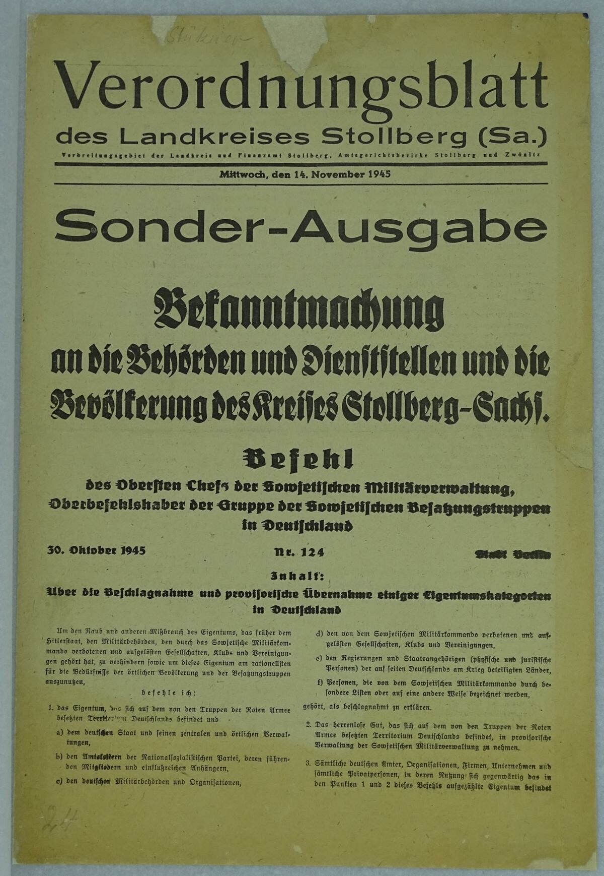 Verordnungsblatt des Landkreises Stollberg (Sa.) vom 14. November 1945 (Bergbaumuseum Oelsnitz/Erzgebirge CC BY-NC-ND)