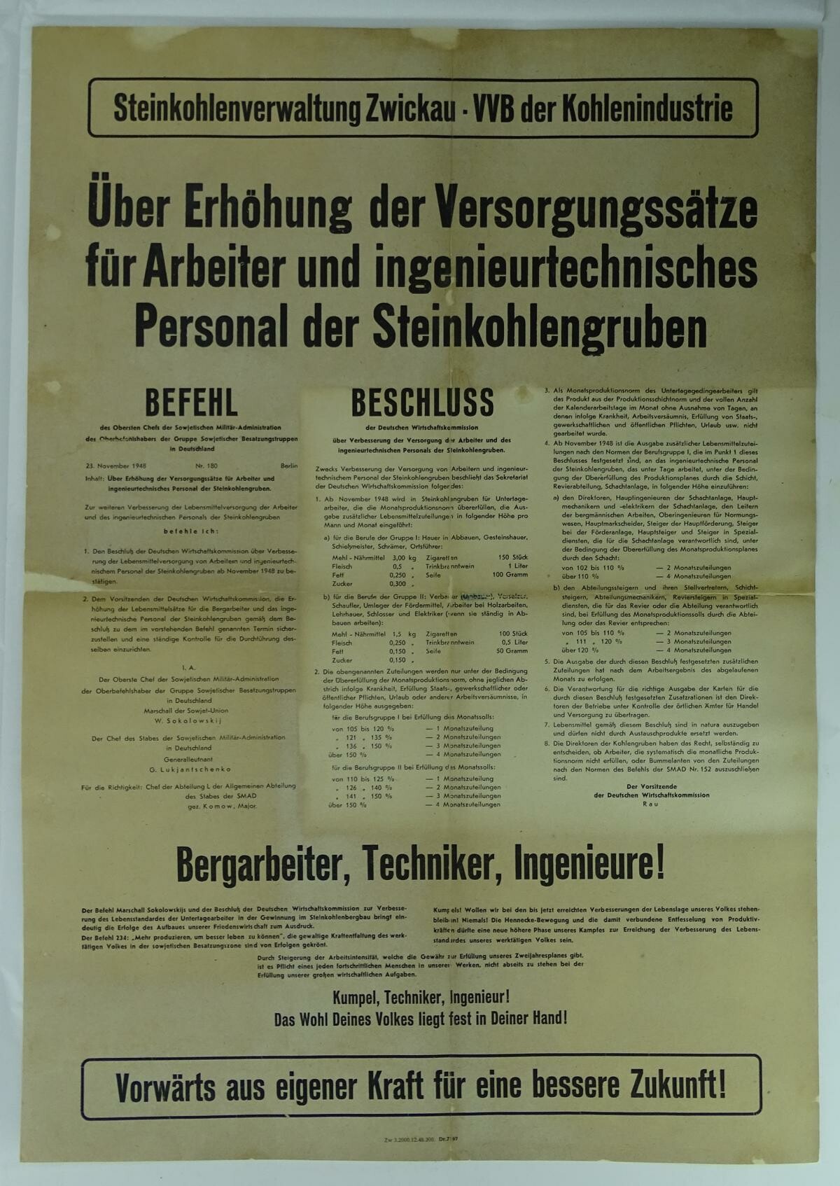 Plakat zum Befehl 180 der Sowjetischen Militäradministration in Deutschland (Bergbaumuseum Oelsnitz/Erzgebirge CC BY-NC-ND)