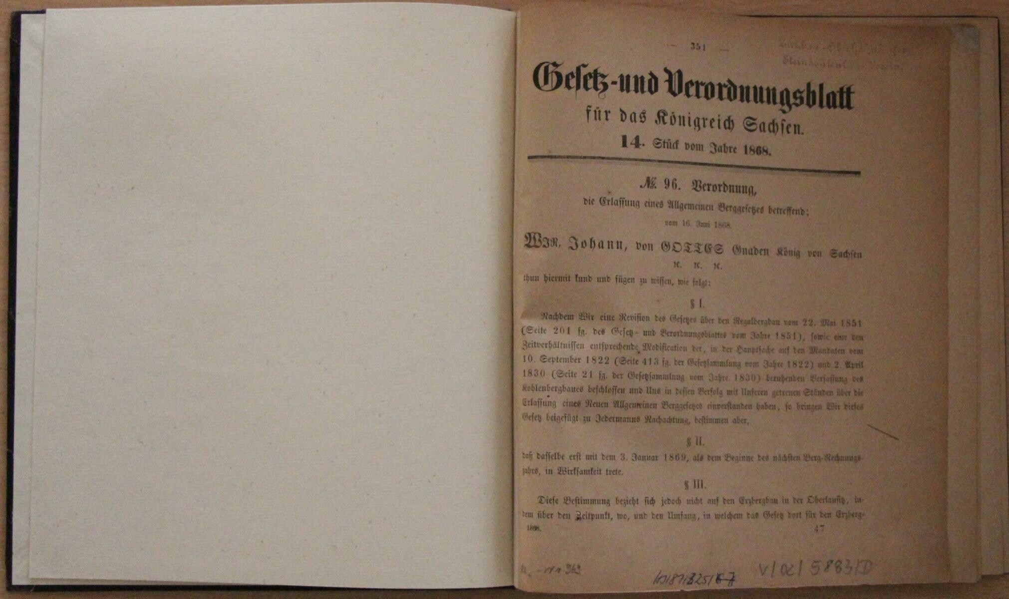 Auszug aus dem Allgemeinen Berggesetz für das Königreich Sachsen 1868 (Bergbaumuseum Oelsnitz/Erzgebirge CC BY-NC-ND)